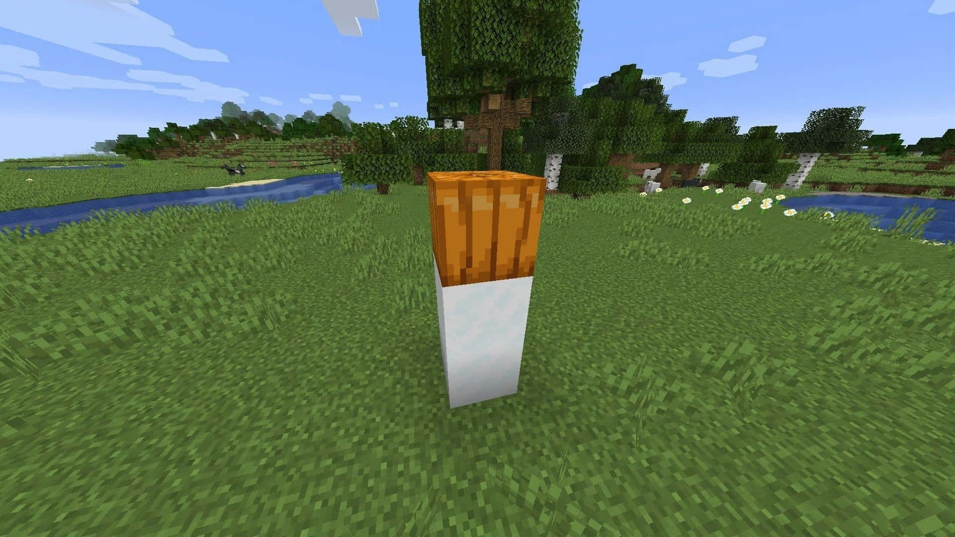Minecraft Snow Golem 桌布 壁紙 — 一支像素化Minecraft風格的香煙，在藍天下河邊的塊狀草地上直立。