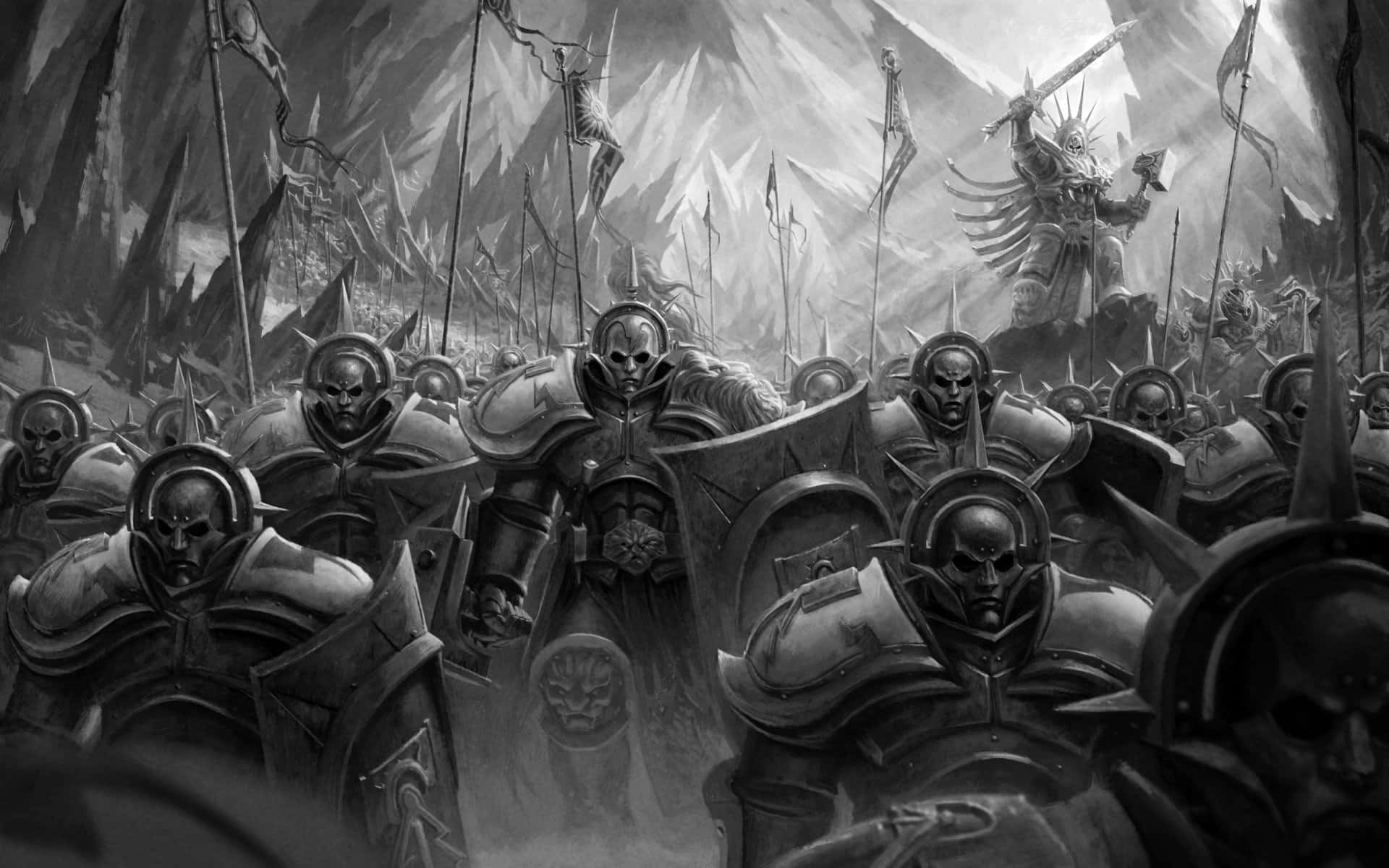 Dark War 桌布 壁紙 — 一支單色調的裝甲戰士軍隊戴著骷髏頭盔，在黑暗的山巒天空下向前行進，一位高聳的軍閥站在高台上。