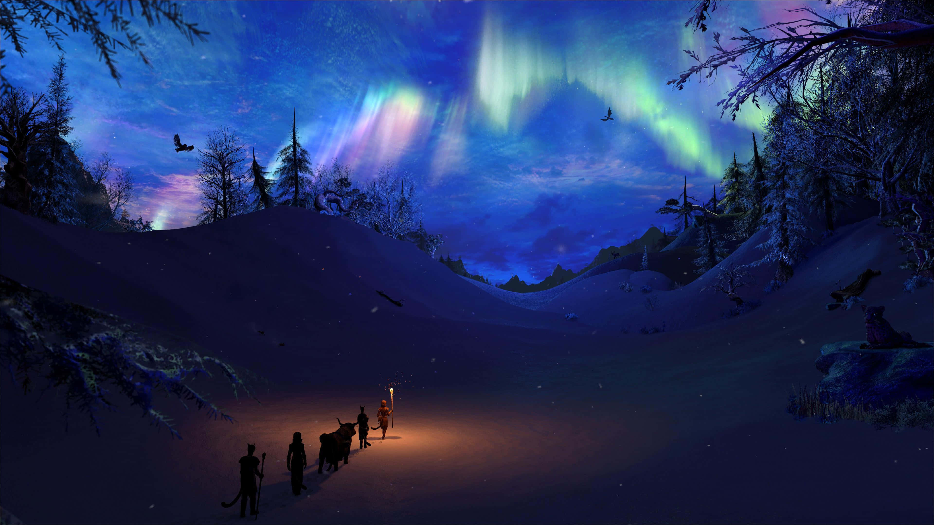 Winter Art 桌布 壁紙 — 一支帶火炬光芒的車隊在白雪覆蓋的山谷中旅行，下方是舞動在繁星夜空中的生動北極光。