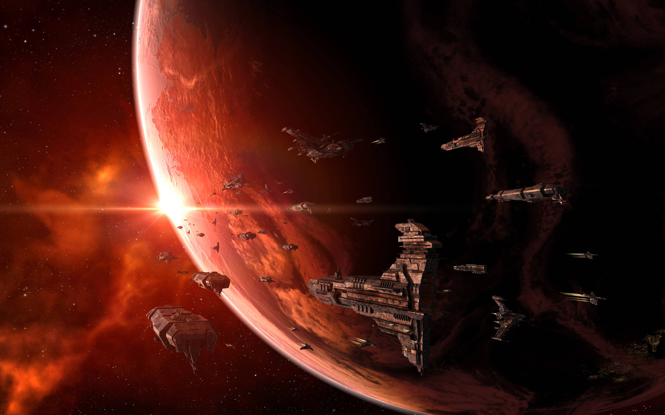 online 桌布 壁紙 — 一支戰艦艦隊圍繞著一顆巨大的紅色行星運行，一顆明亮的太陽在其彎曲的地平線後升起。