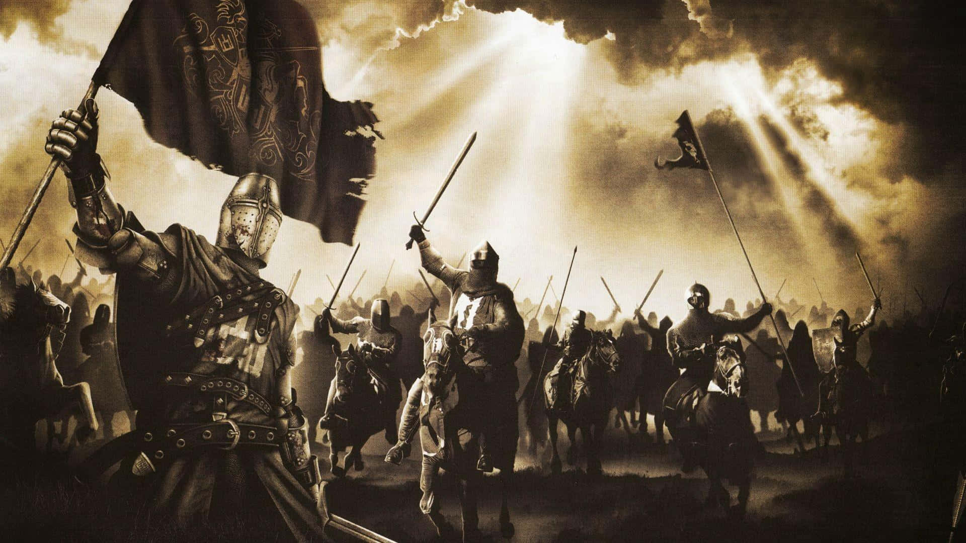 Crusader 桌布 壁紙 — 一支戲劇性的中世紀軍隊在暴風雨的天空下向前衝鋒，神聖的光芒穿透雲層。
