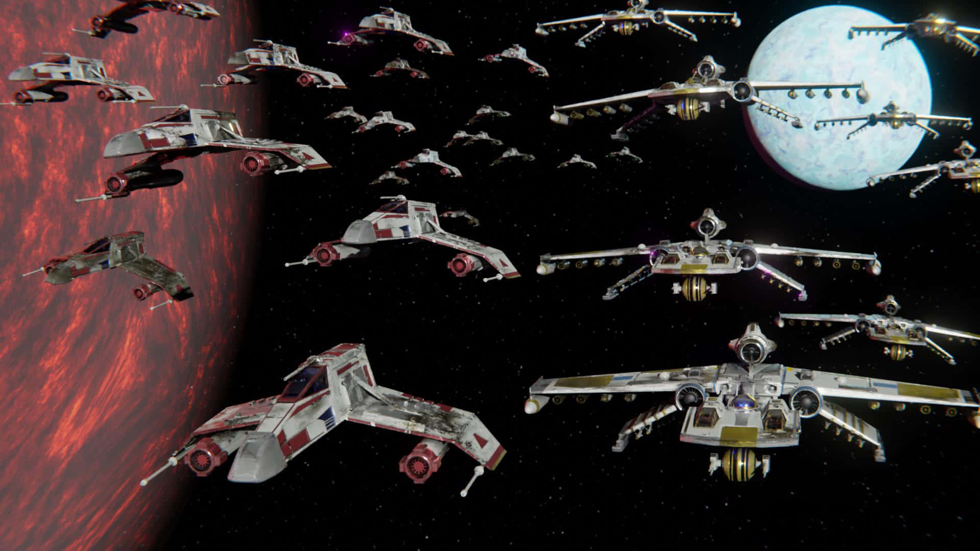 The Battle Of Yavin 桌布 壁紙 — 一支星際戰機艦隊在星場下於紅色氣體巨星和藍色衛星之間穿梭太空。