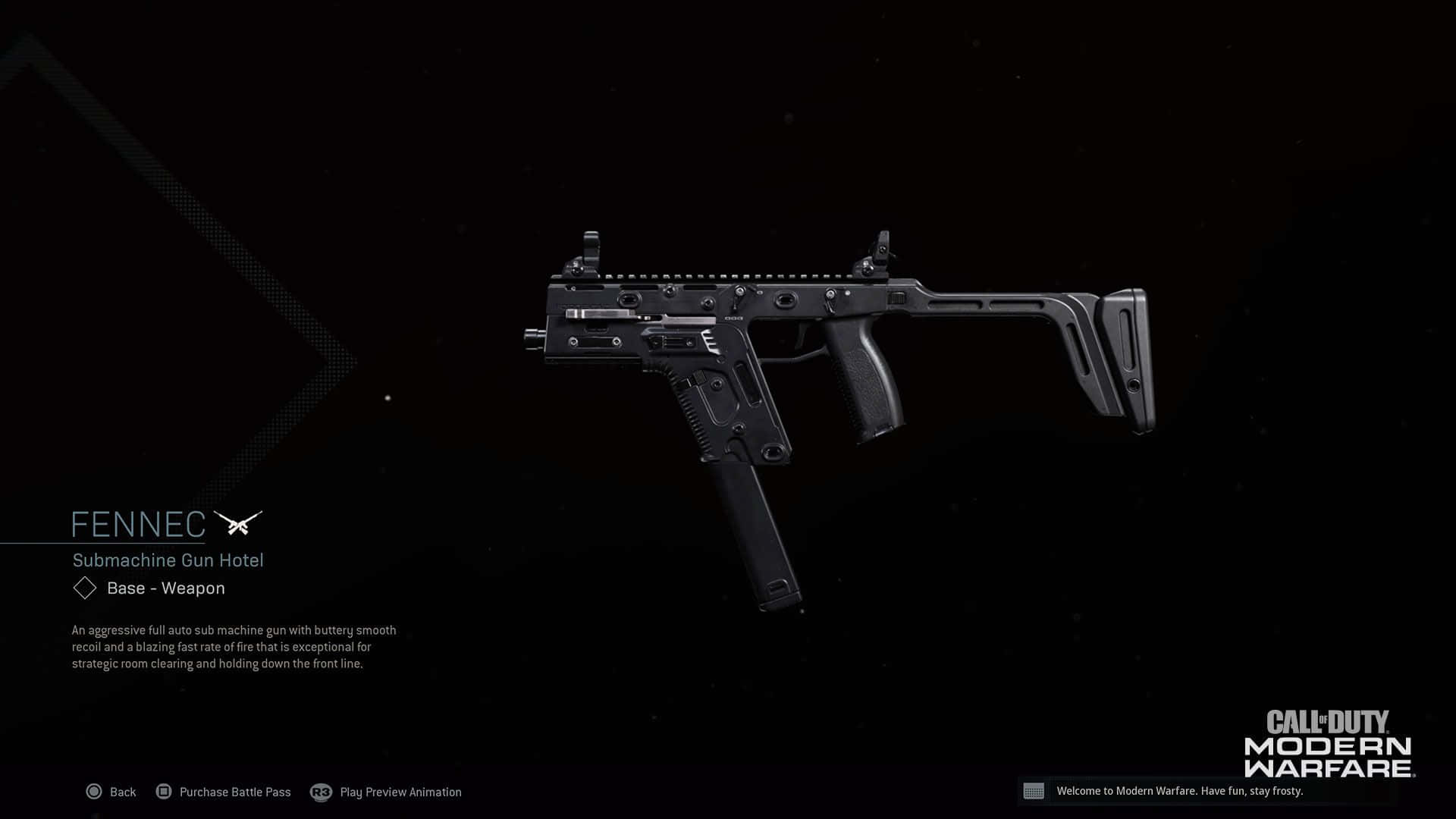 Call Of Duty Weapons 桌布 壁紙 — 一支時尚的黑色Fennec衝鋒槍漂浮在黑暗星空背景上，帶有遊戲UI文字。