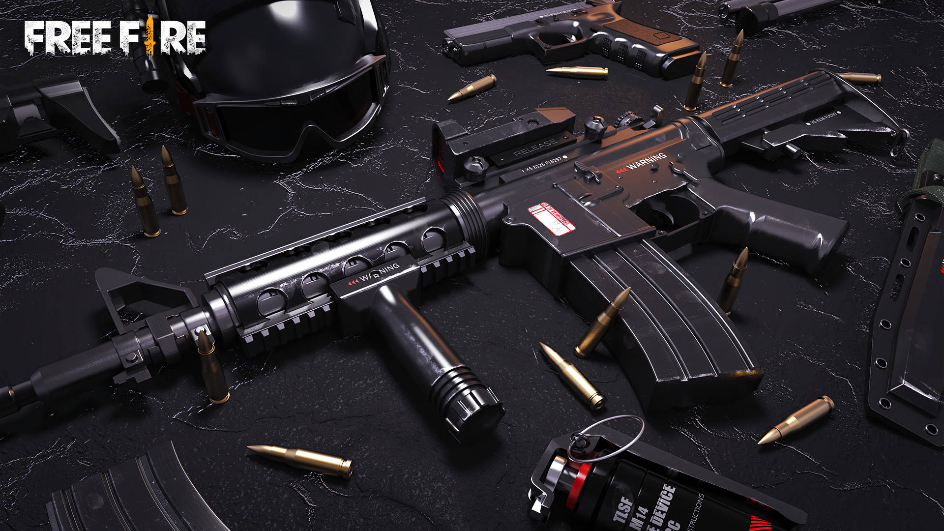 free fire criminal bundle 桌布 壁紙 — 一支時尚的黑色突擊步槍和手槍，搭配散落的金色子彈和戰術裝備，置於深色大理石表面上。