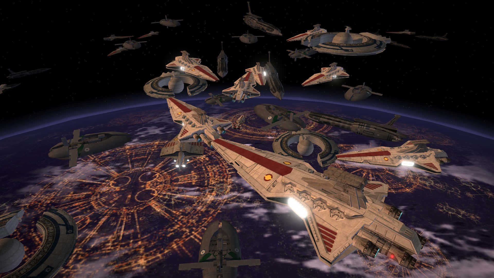 Coruscant 桌布 壁紙 — 一支未來太空船艦隊環繞著一顆發光行星，下方有錯綜複雜的城市燈光。