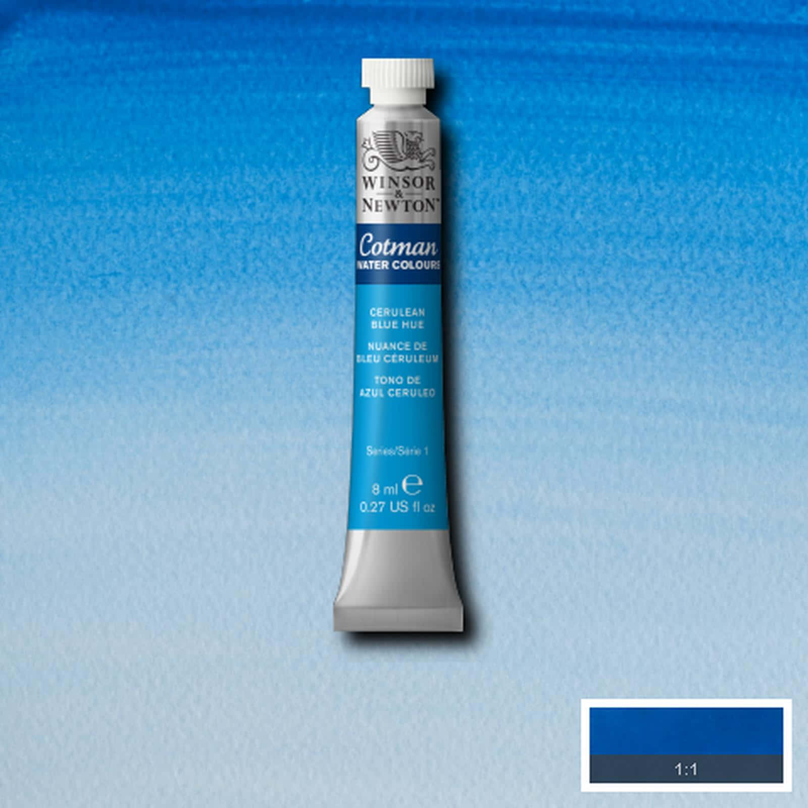 Cerulean Blue 桌布 壁紙 — 一支溫莎牛頓科特曼水彩天藍色顏料管，居中放置於柔和的漸變藍色水彩洗滌背景上。