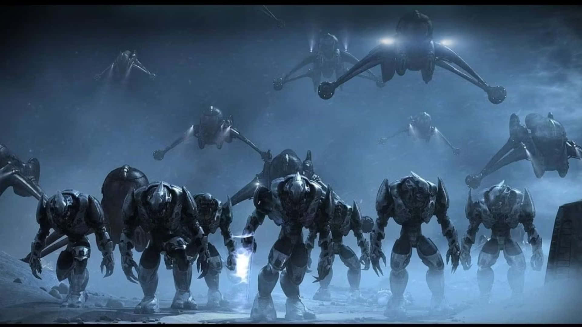 Sangheili 桌布 壁紙 — 一支由生物機械戰士和飛行無人機組成的威脅性軍隊，在黑暗天空下，穿越霧氣瀰漫、月光照耀的戰場前進。