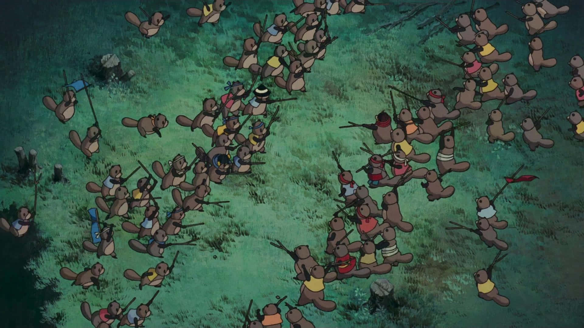 pom poko 桌布 壁紙 — 一支穿著色彩繽紛服裝的海狸動畫軍隊，手持長矛和旗幟，穿過綠色田野行進。