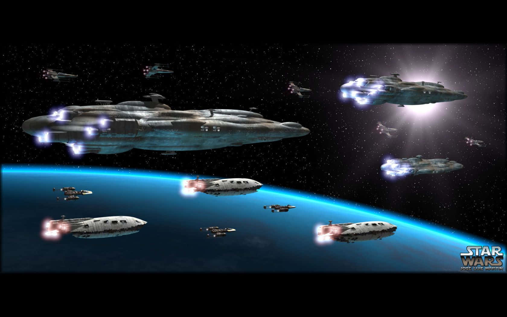 The Rebellion 桌布 壁紙 — 一支配備發光引擎的星際艦隊在繁星點點的黑色天空中飛越一顆藍色行星。