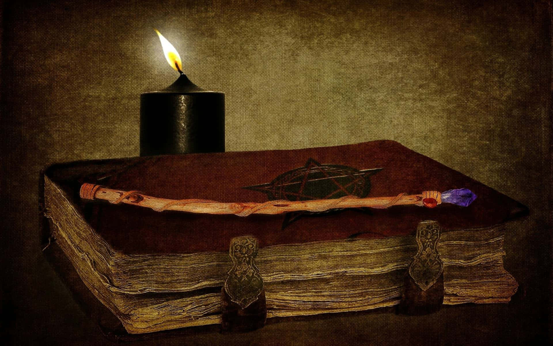Grimoire 桌布 壁紙 — 一支閃爍的黑蠟燭照亮了一本古老的書，書的破舊皮革封面上放著一個五角星和一根手杖。