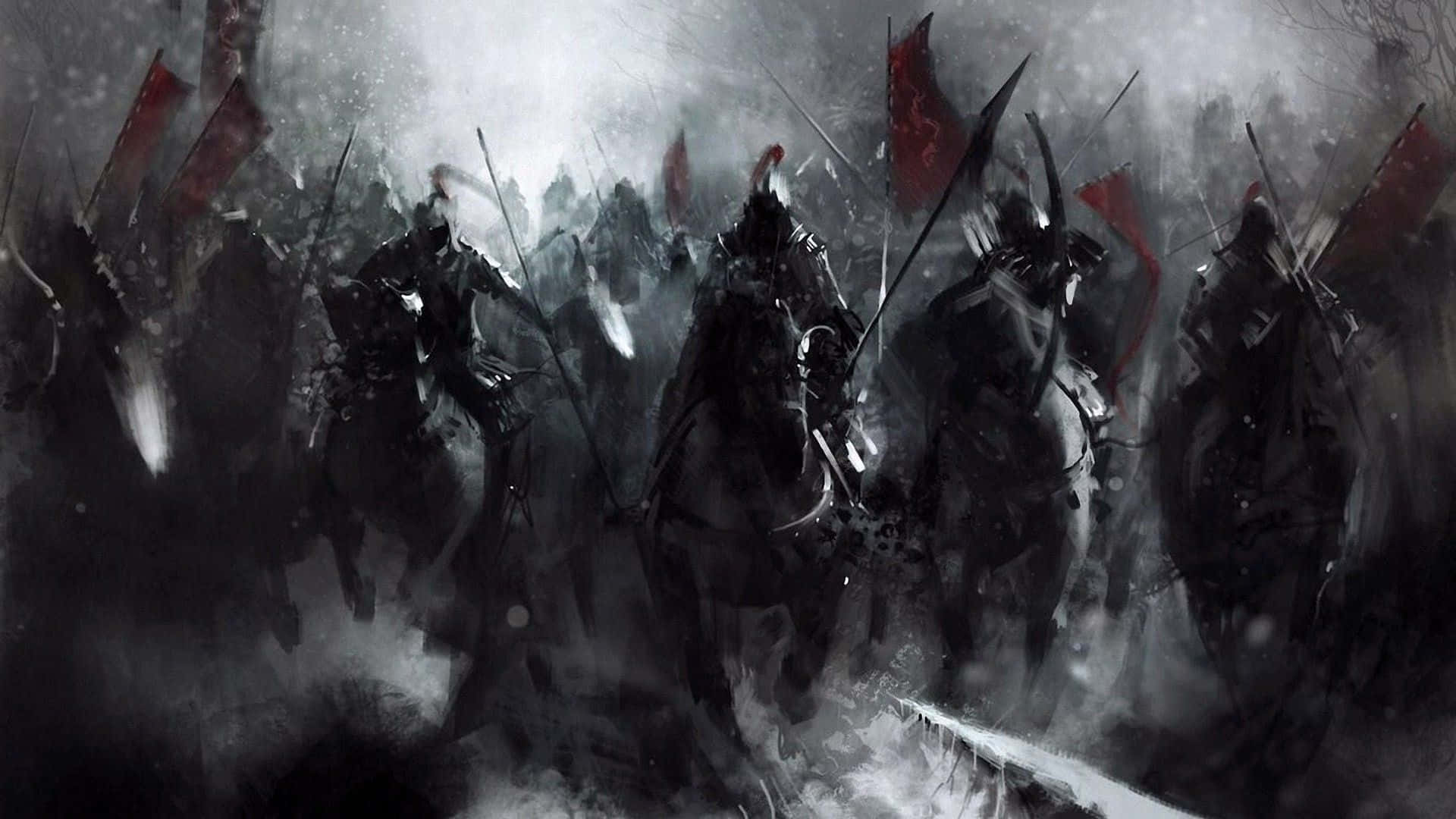 Black And White Samurai 桌布 壁紙 — 一支黑暗風暴中的騎兵裝甲騎士軍隊向前衝鋒，紅色旗幟在風中飄揚。