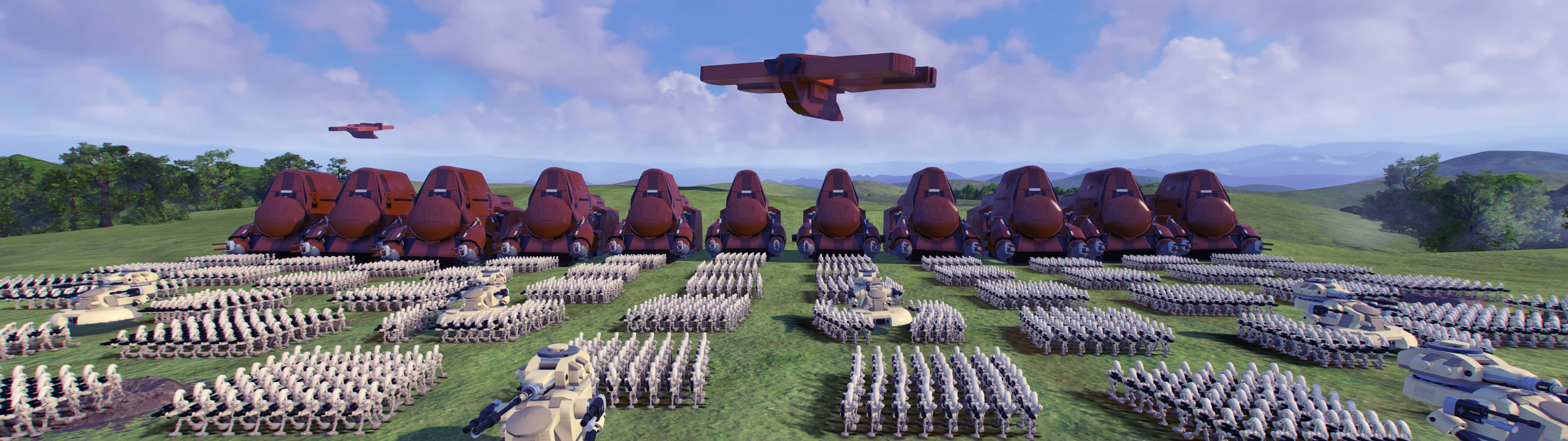 The Battle Of Naboo 桌布 壁紙 — 一支龐大的士兵和坦克軍隊在藍天下穿越綠色田野，頭頂有飛行的戰爭機器。