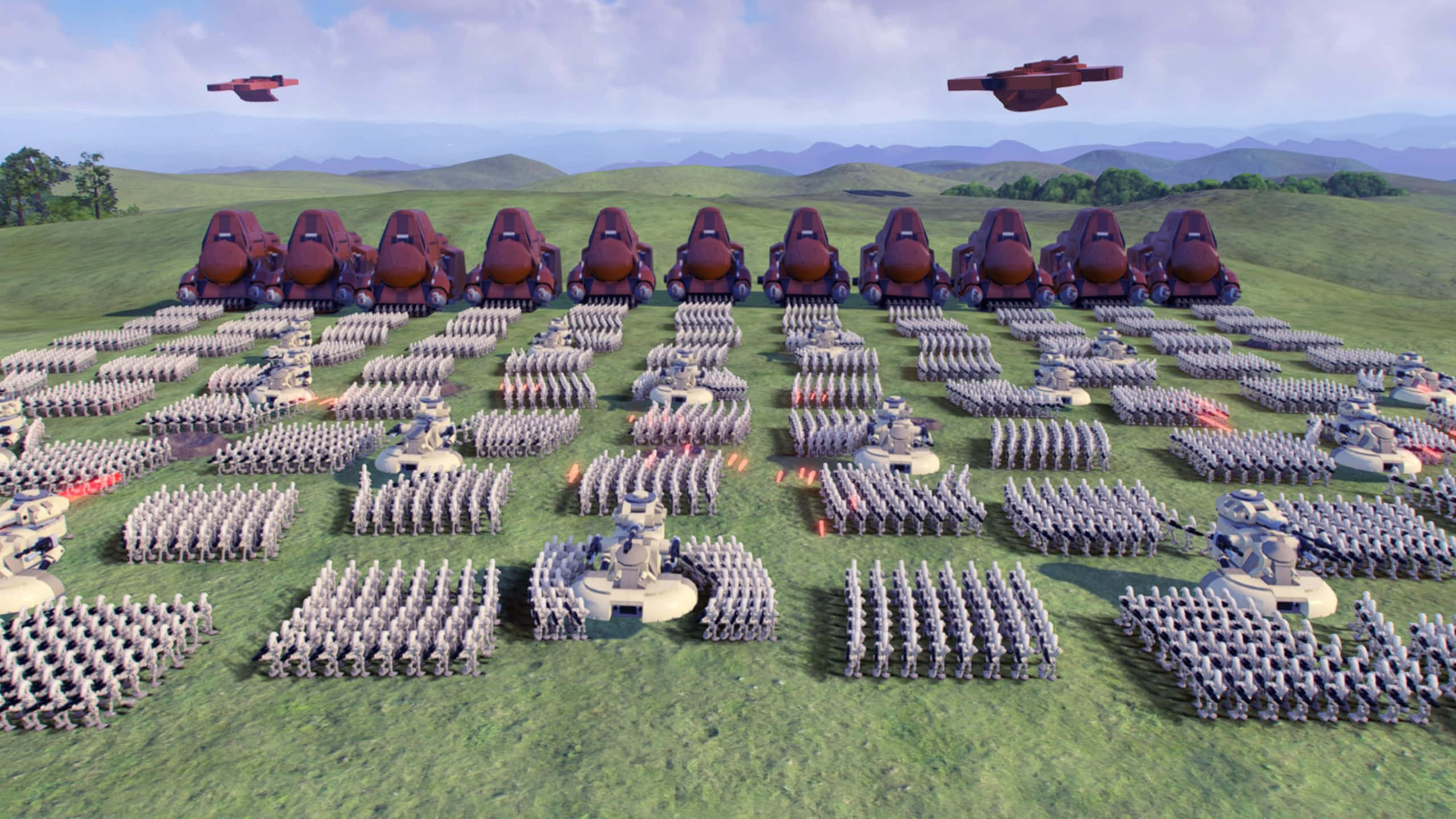 The Battle Of Naboo 桌布 壁紙 — 一支龐大的士兵和坦克軍隊在陰天下的綠色田野上列隊行進，頭頂有紅色飛行車輛。