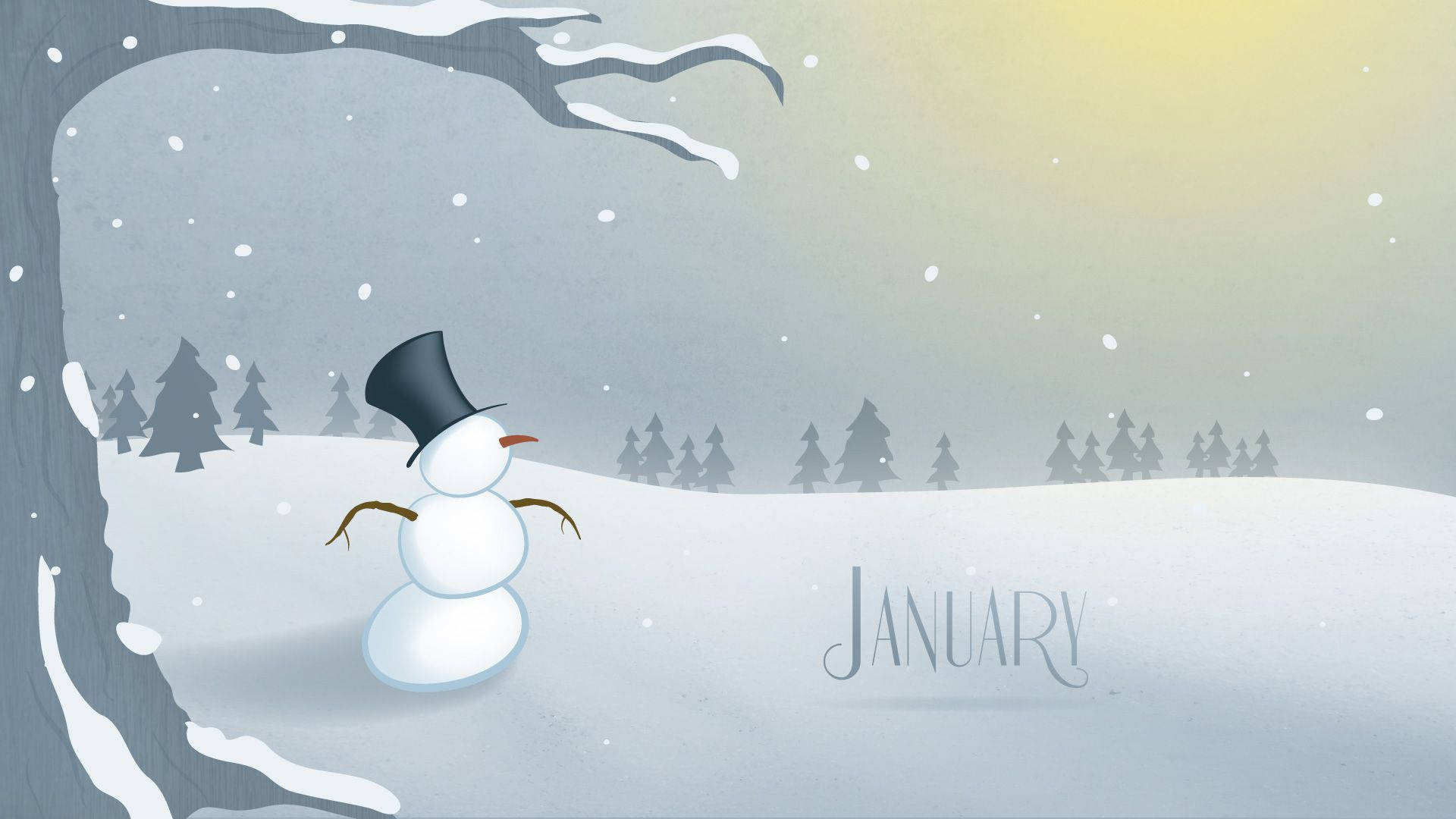 戴高帽的雪人，冬日雪景，樹木和飄雪。 — 一月 壁紙