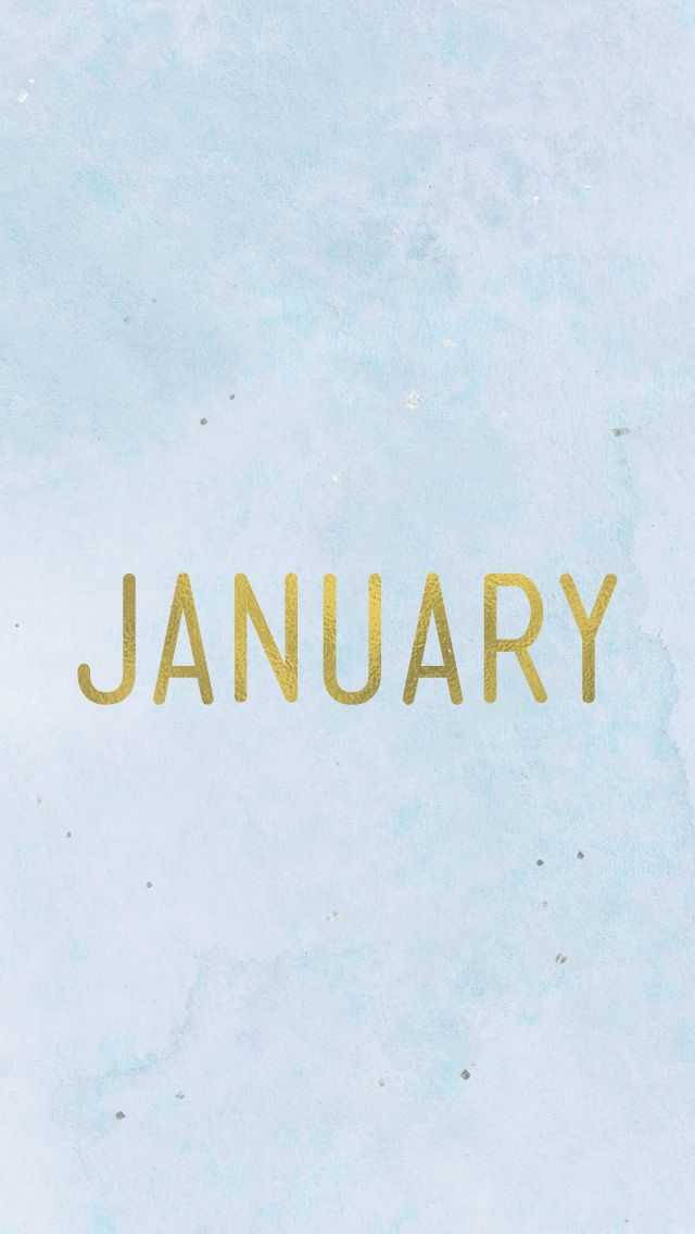 一月藍金配色 壁紙 — 金色箔紙字體的「January」一詞在柔軟質感的淺藍色水彩背景上脫穎而出。
