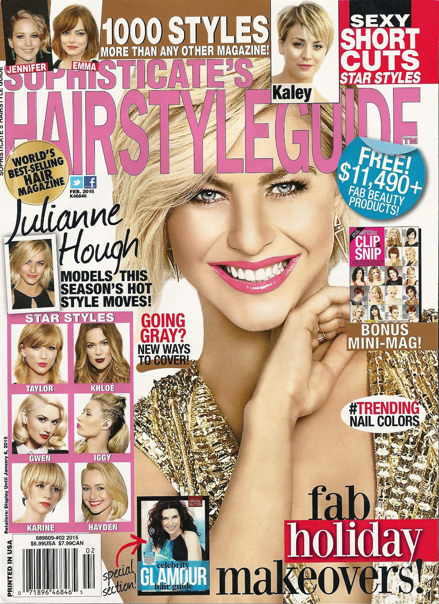 Magazine 桌布 壁紙 — 一本充滿活力的雜誌封面，Julianne Hough 穿著金色亮片上衣微笑，搭配大膽的粉紅色文字和名人髮型預覽。