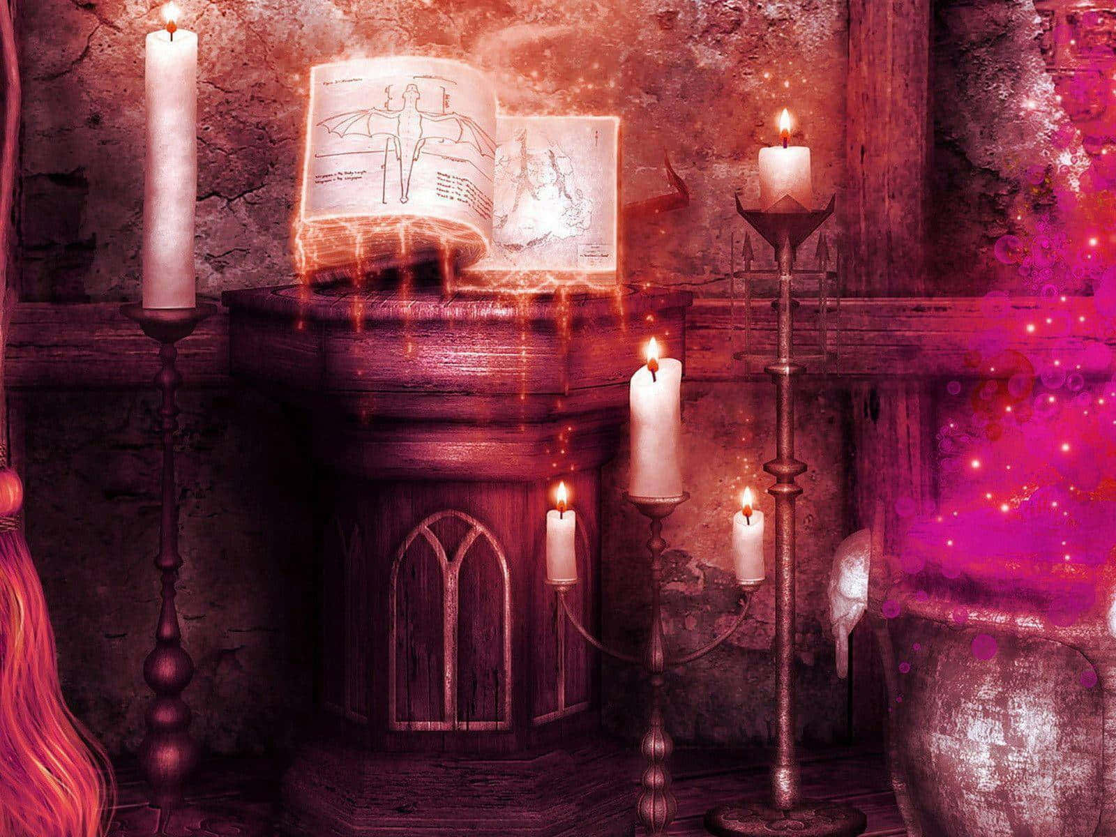 Grimoire 桌布 壁紙 — 一本古老發光的書，帶有翼狀人物插圖，放置在一個神秘石室中，周圍環繞著閃爍的蠟燭的木製祭壇上。