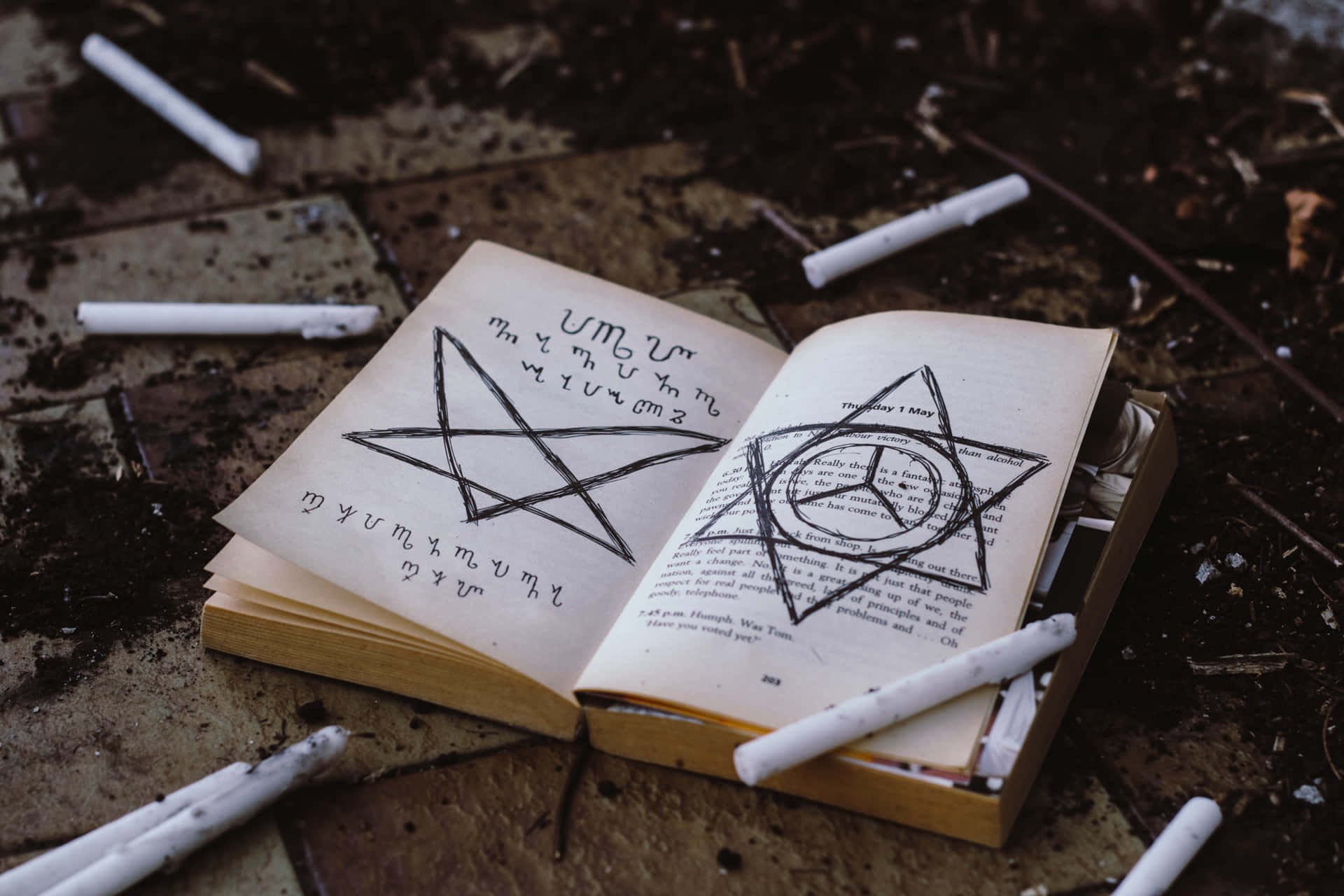 Grimoire 桌布 壁紙 — 一本打開的書，上面有粉筆畫的 pentagram，被遺棄在裂開的路面上，周圍散落著煙頭。