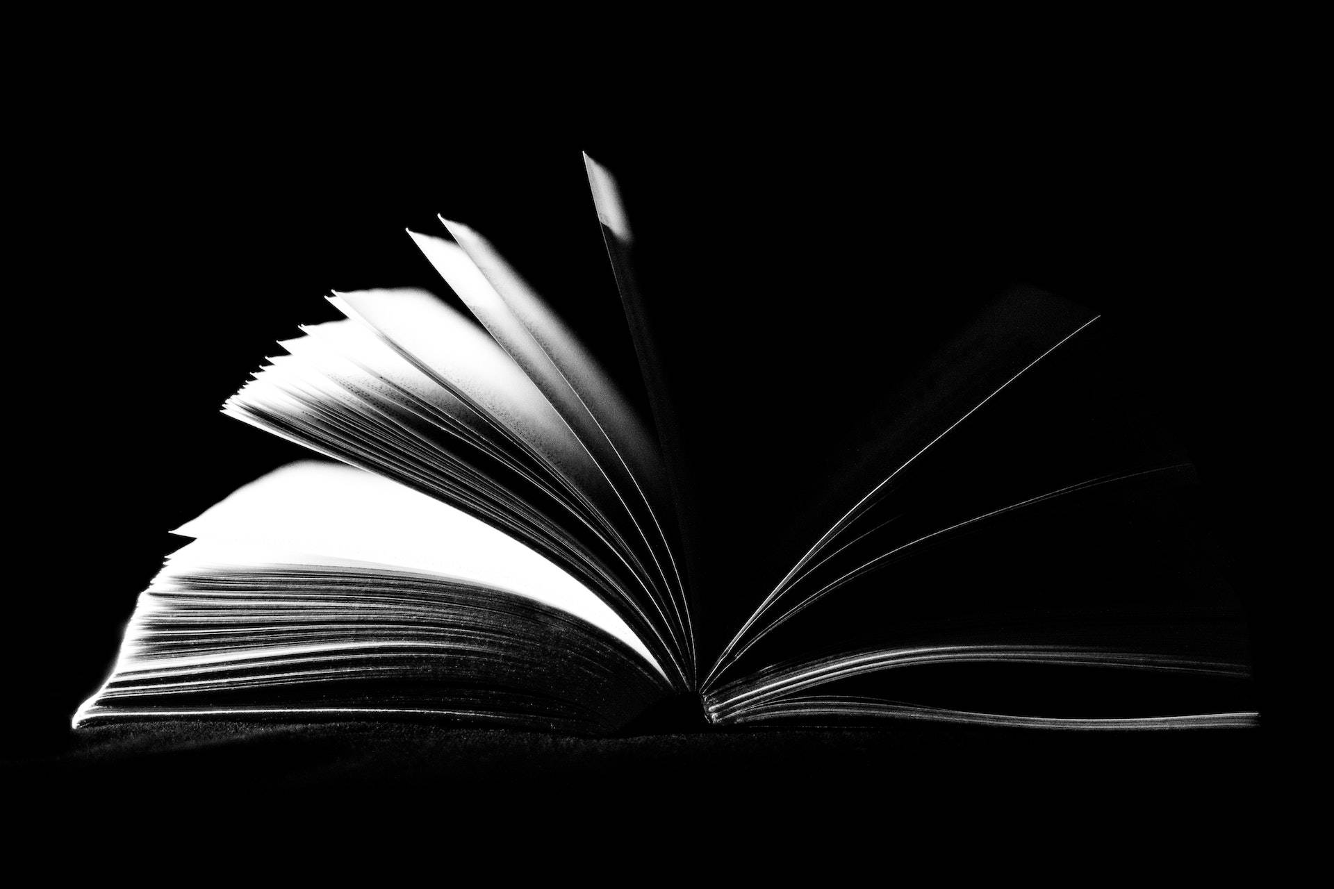黑色動態圖 桌布 壁紙 — 一本打開的書，書頁像扇子般展開，襯托在深色背景上，呈現出鮮明的黑白照片效果。