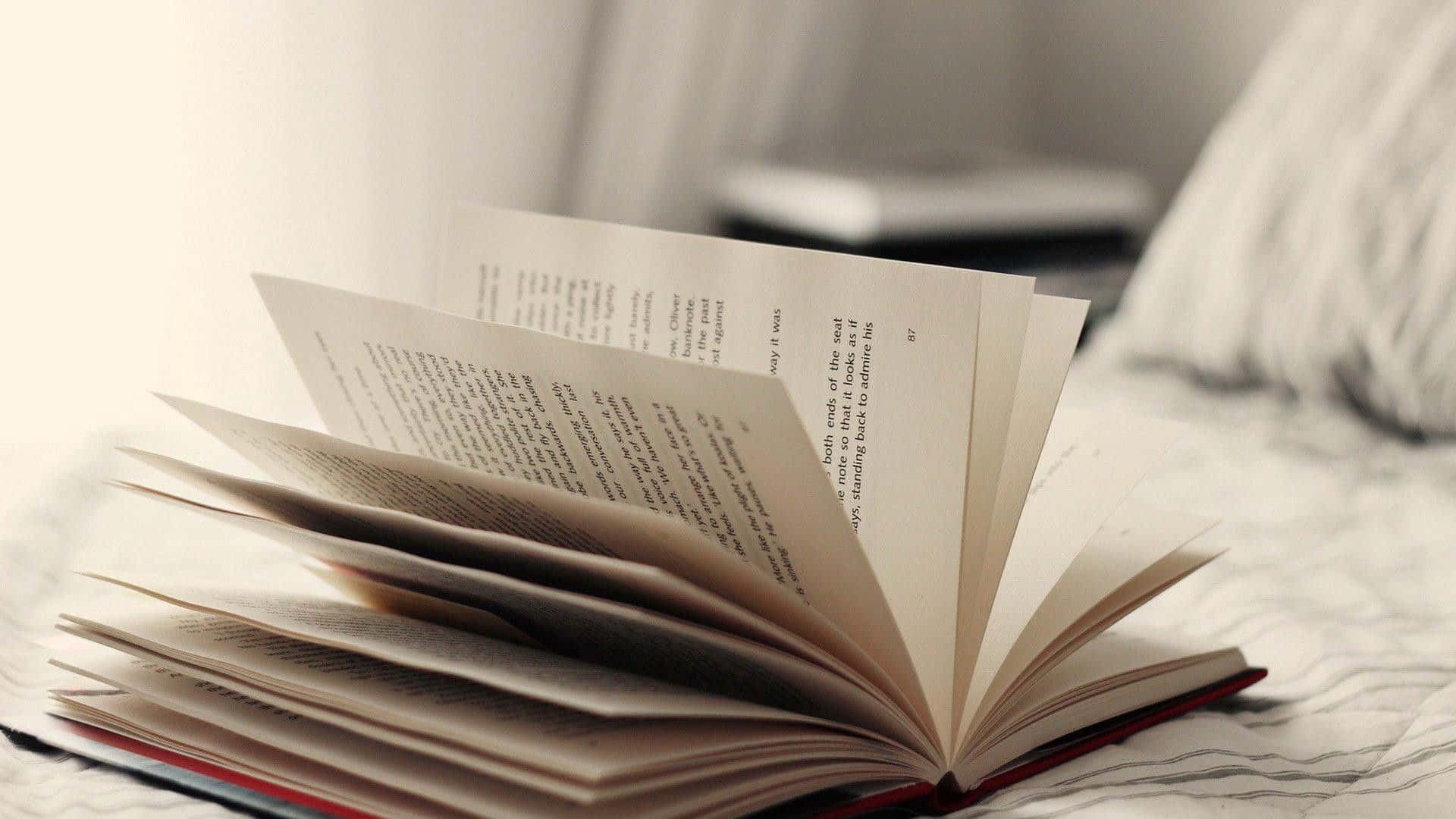 Reading 桌布 壁紙 — 一本打開的書，書頁呈扇形展開，放在一張鋪有柔軟條紋床單和枕頭的床上。