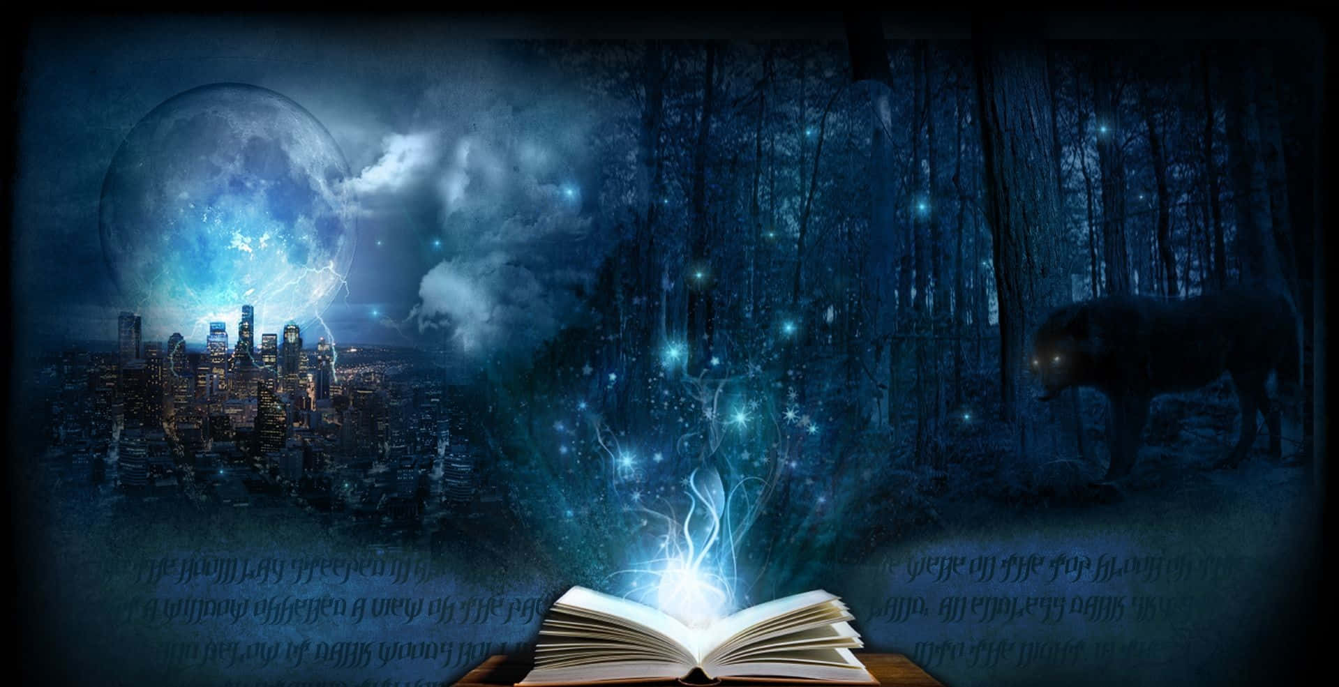 Magic Spell 桌布 壁紙 — 一本打開的書在神秘月亮下發出魔法光芒，連接發光的城市景觀和魔法森林。