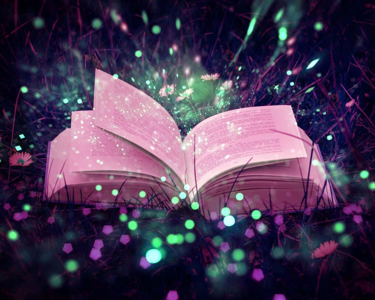  壁紙 — 一本打開的書在黑暗的天空下散發著魔法般的閃光，躺在草地和花朵的田野中。