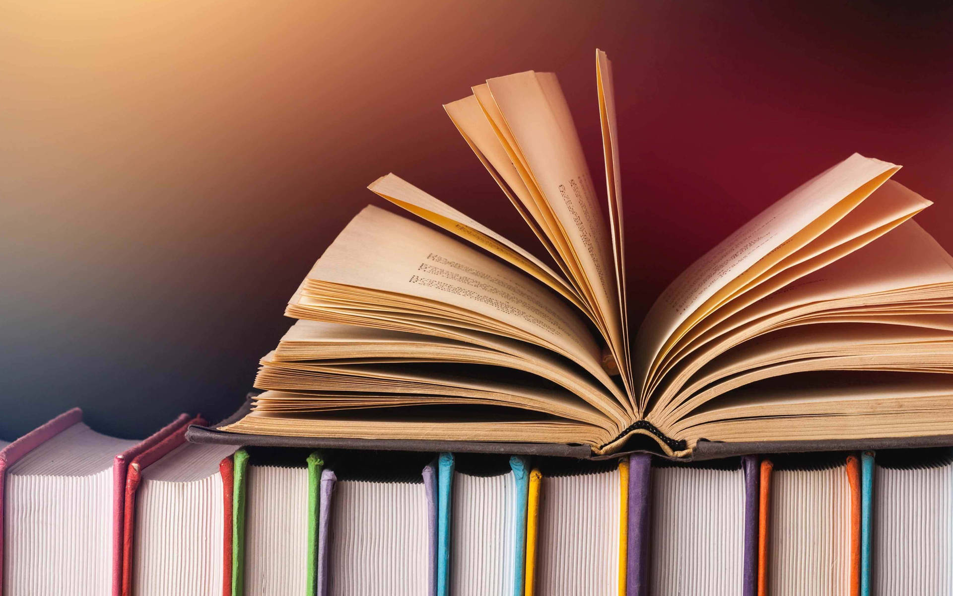 打開的書，扇形書頁放在彩色書脊上，漸變背景。