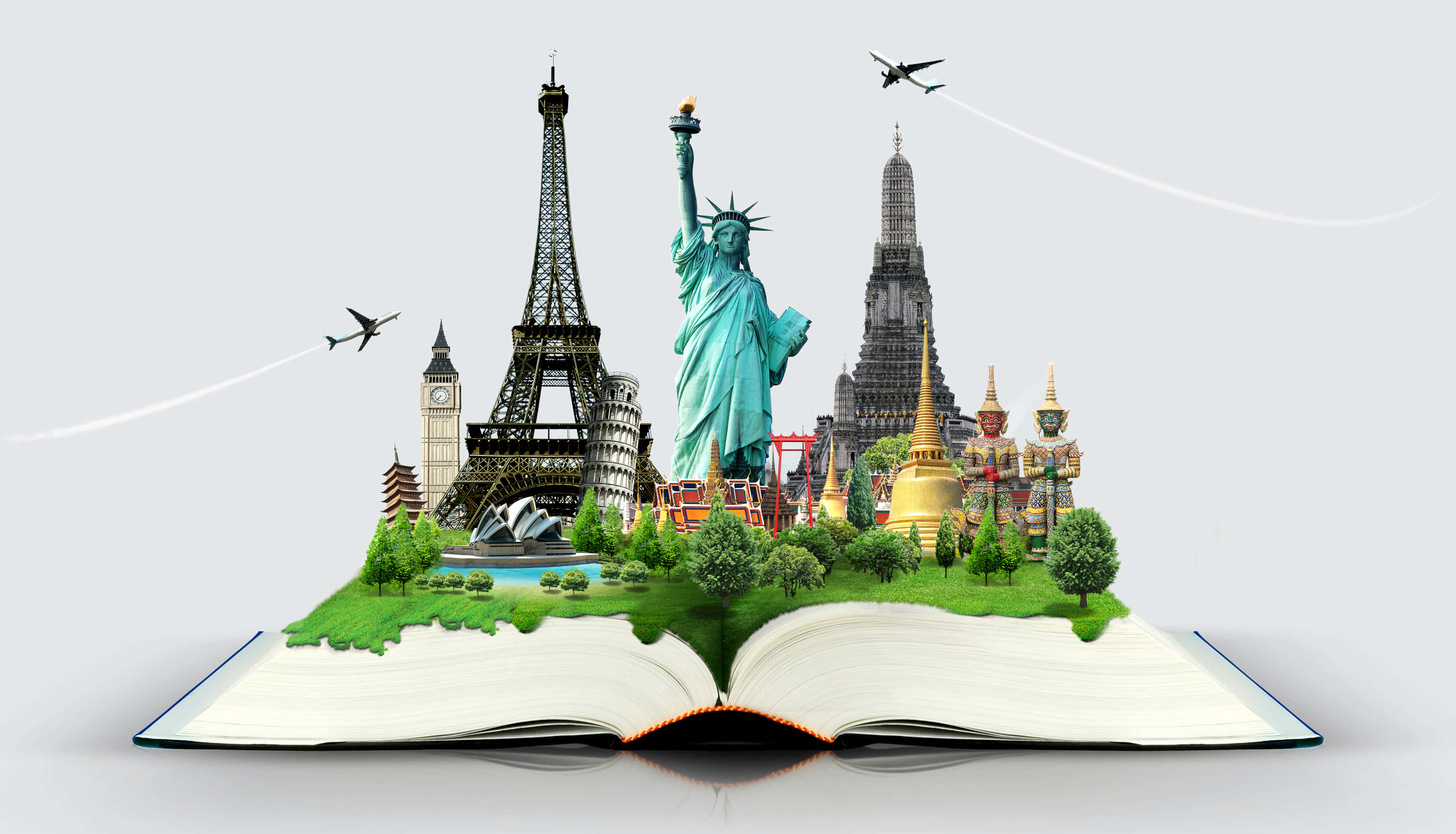 3d Travel 桌布 壁紙 — 一本打開的書長出一個茂盛的島嶼，島上有全球地標如艾菲爾鐵塔、自由女神像和寺廟，在晴朗的天空下有飛行的飛機。