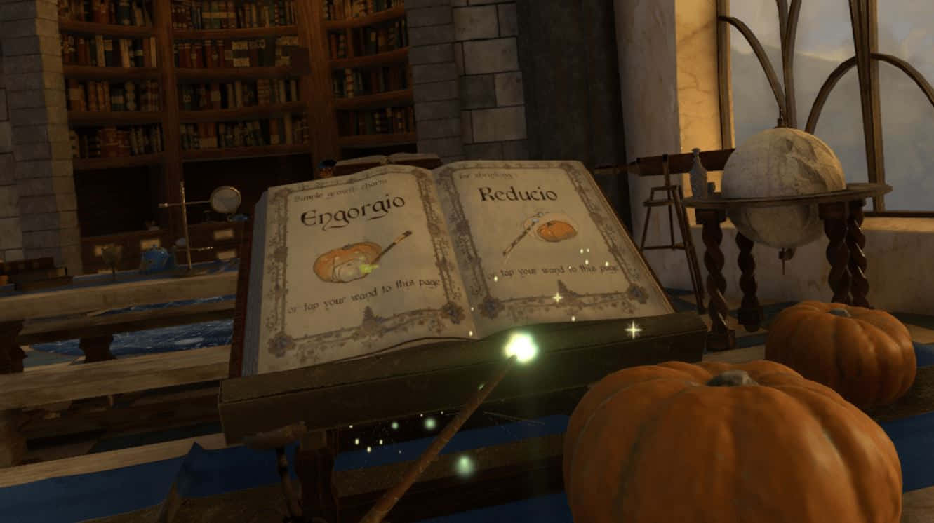 Grimoire 桌布 壁紙 — 一本打開的魔法咒語書，帶有發光的符文，放在石頭圖書館的書桌上，周圍環繞著南瓜和一個地球儀。