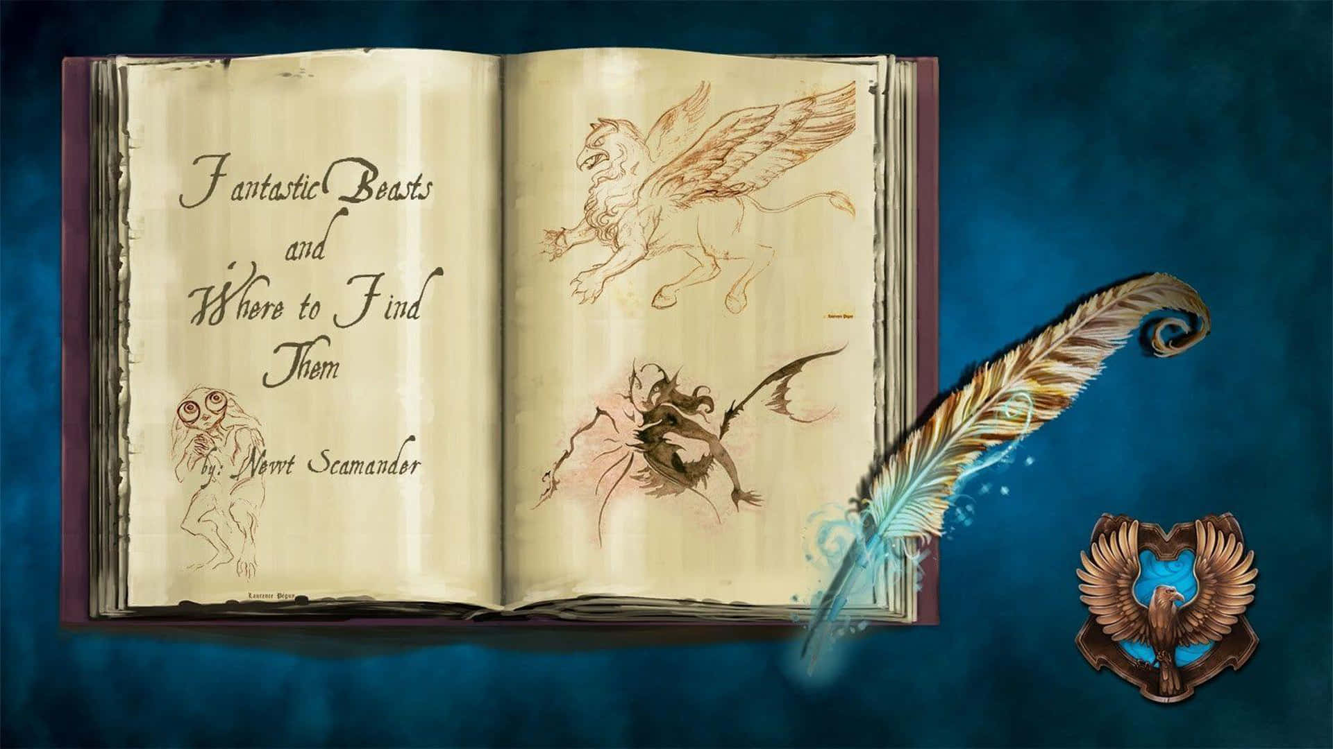 hufflepuff 桌布 壁紙 — 一本打開的魔法書，名為《Fantastic Beasts and Where to Find Them》，旁邊有手繪生物和發光的羽毛筆。