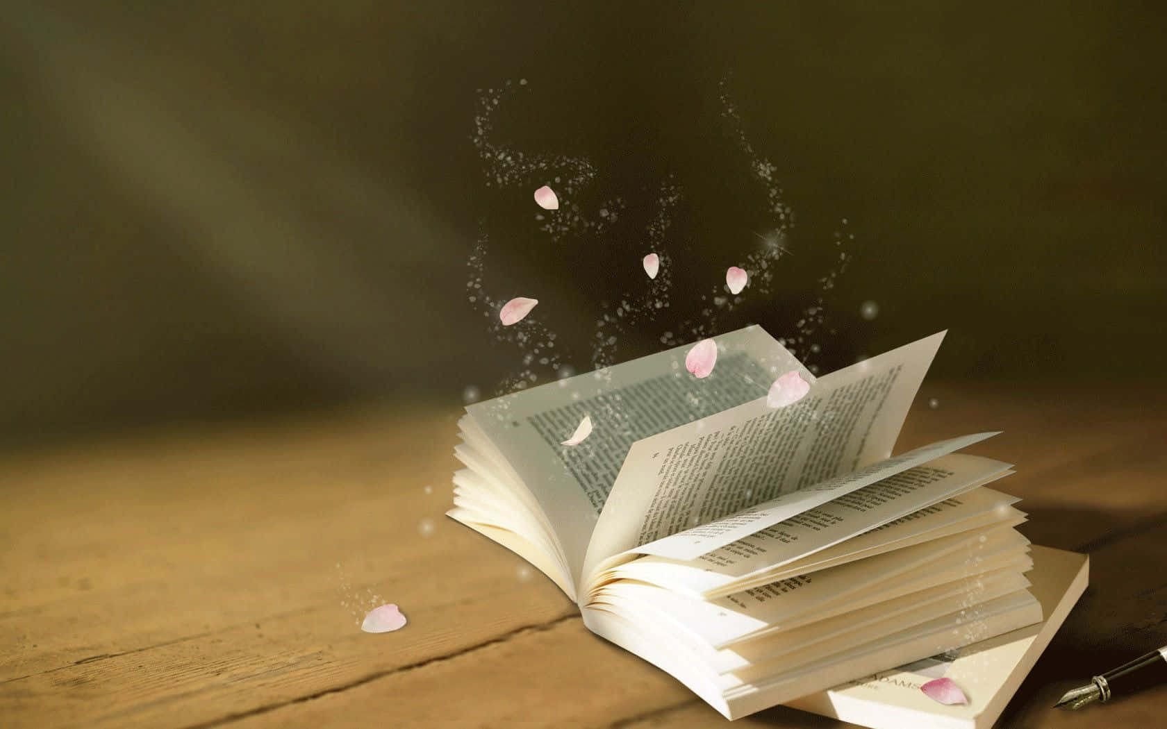 一本有粉紅色花瓣飛出的書 壁紙