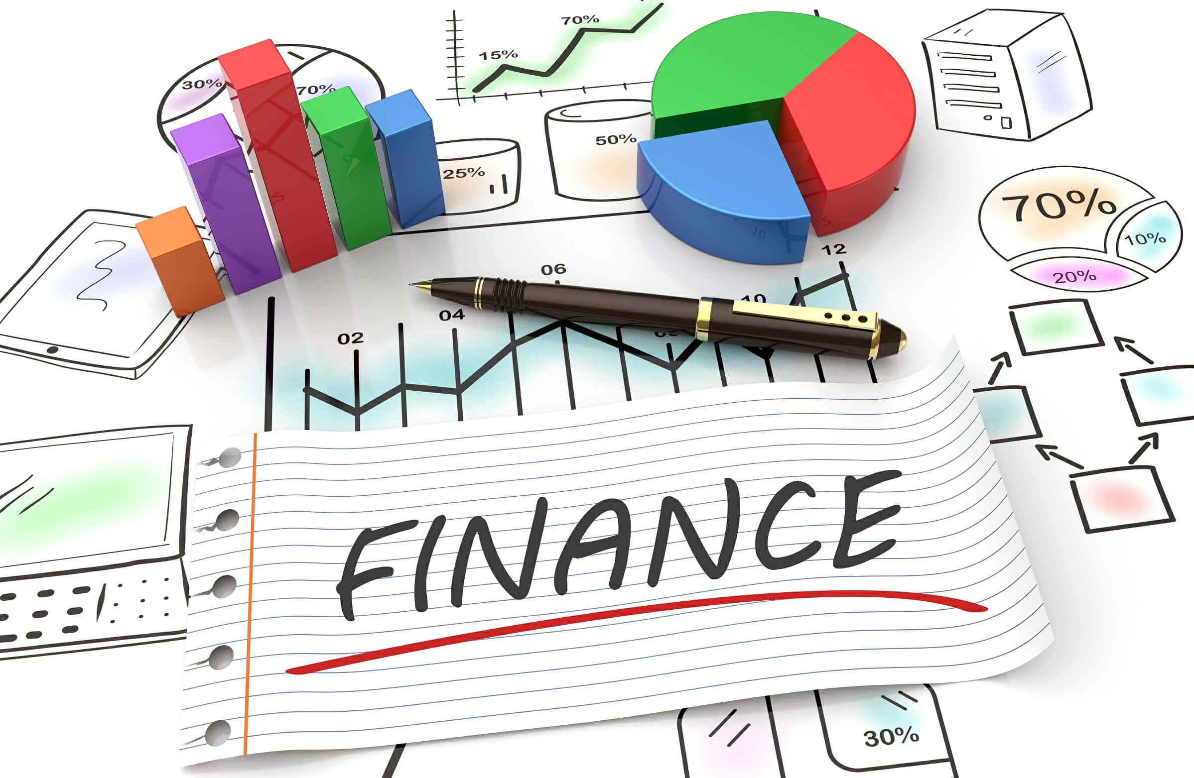 Finance 桌布 壁紙 — 一本標有財務的筆記本，周圍是色彩繽紛的3D圖表、圖形和一支筆，放在白色表面上。
