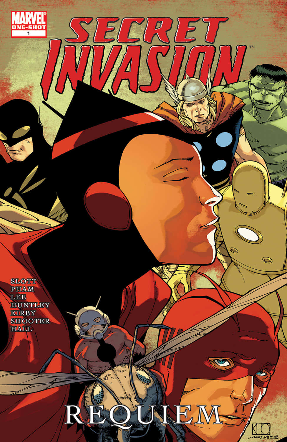 Secret Invasion 桌布 壁紙 — 一本漫畫書封面，中央有一個紅色人物，背景有其他超級英雄如雷神和變形俠醫。