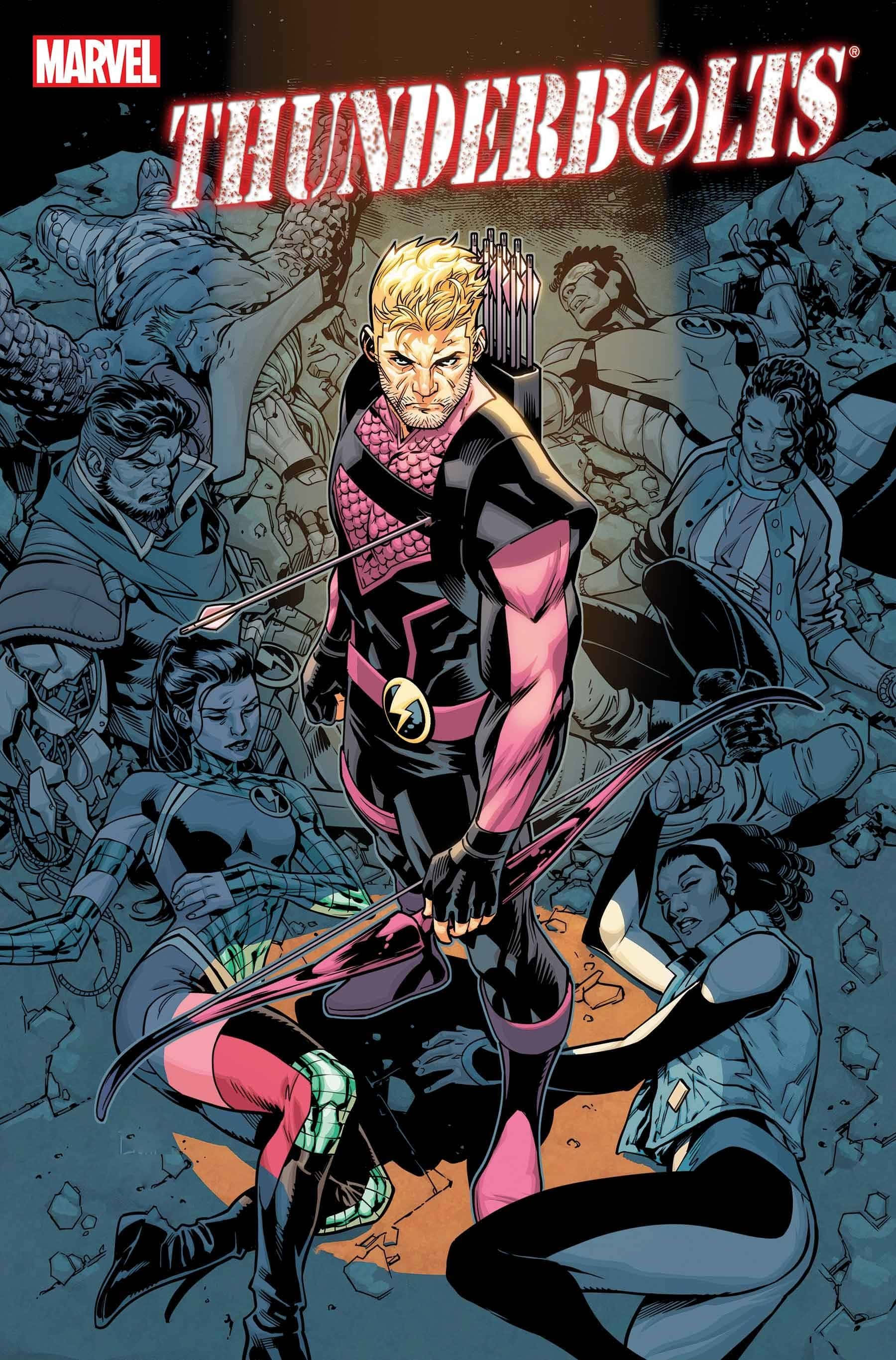 Thunderbolts 桌布 壁紙 — 一本漫畫書封面，描繪一位金髮弓箭手穿著粉紅和黑色盔甲，挑釁地站著拉弓，周圍是其他角色，身處破碎的環境中。