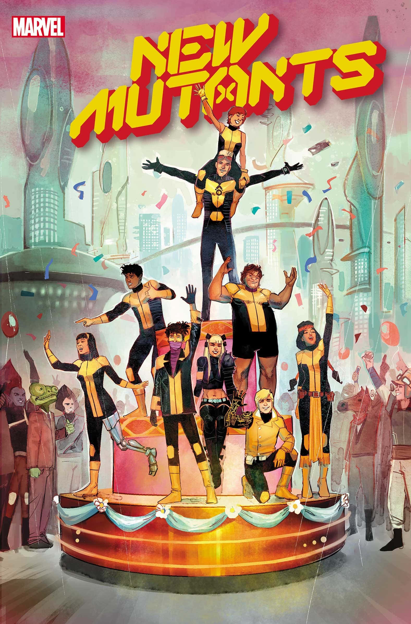 New Mutants 桌布 壁紙 — 一本漫畫書封面，描繪了新變種人團隊穿著黃色和黑色制服，在未來城市景觀中的舞台上慶祝，並有五彩紙屑。