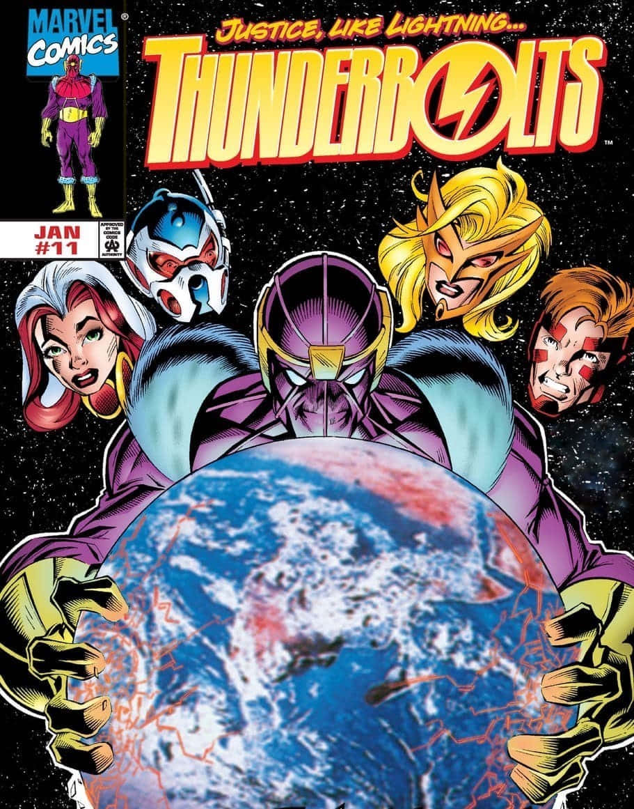 Thunderbolts 桌布 壁紙 — 一本漫畫書封面，描繪五位身穿紫色和金色服裝的超級英雄，在繁星點點的太空背景下，手持一個帶有閃電裂縫的行星。