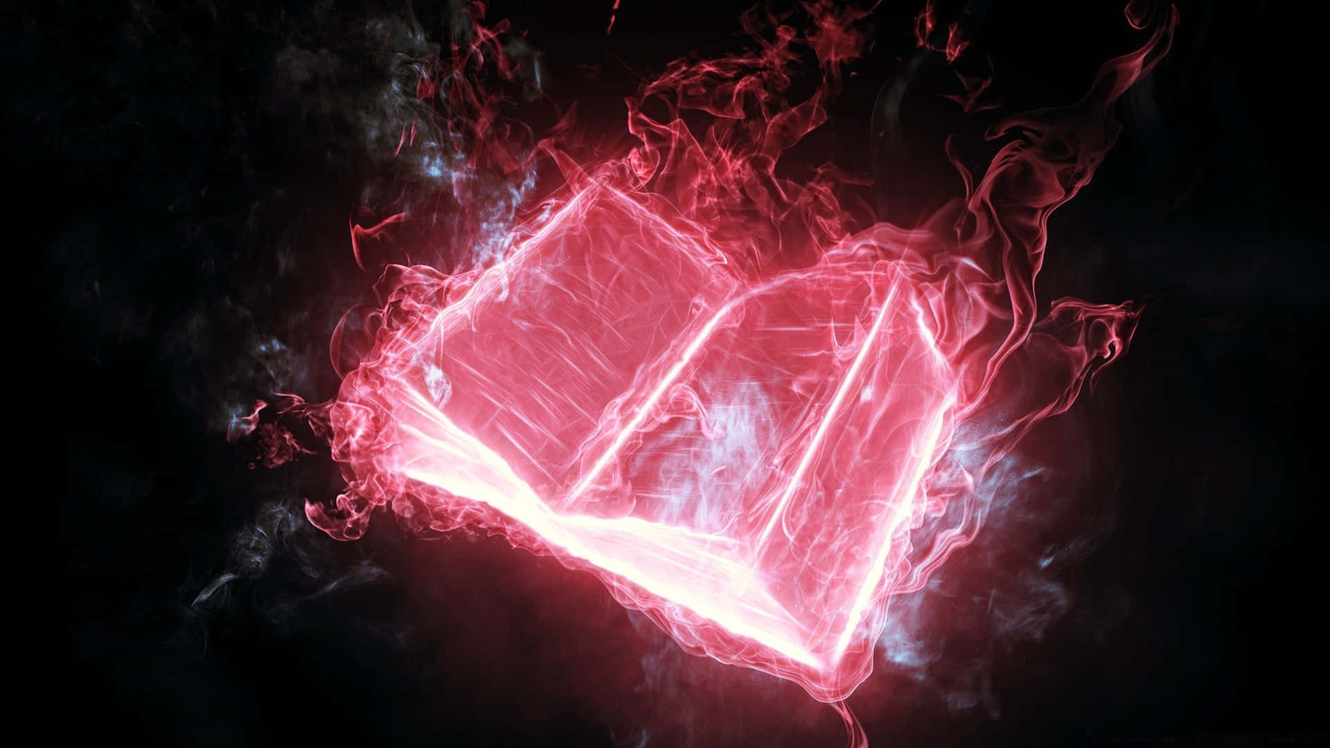 Grimoire 桌布 壁紙 — 一本發光的紅色書漂浮在黑暗中，周圍環繞著旋轉的火焰能量和煙霧。