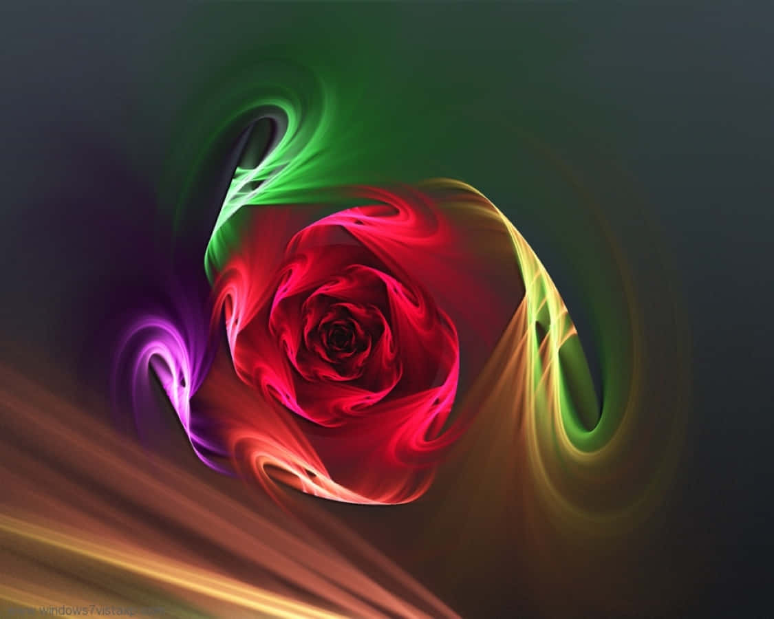 Abstract Rose 桌布 壁紙 — 一朵充滿活力的數碼玫瑰在黑暗背景上以螢光綠、紫色和金色光芒旋轉。