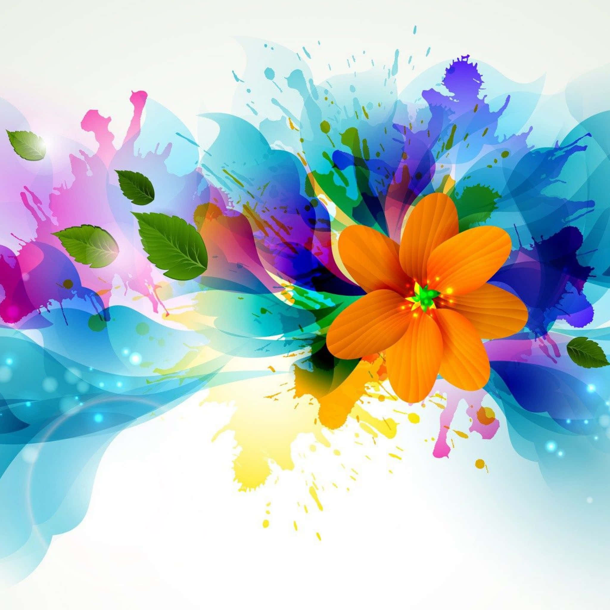 Floral Art 桌布 壁紙 — 一朵充滿活力的橙色花朵在柔和漸變背景上，伴隨著動態的多色油漆飛濺和綠葉綻放。
