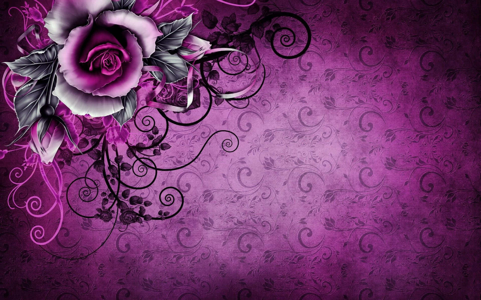 Abstract Rose 桌布 壁紙 — 一朵充滿活力的紫色玫瑰，帶有銀色葉子和黑色漩渦，裝飾著帶有花卉圖案的紋理紫色背景。