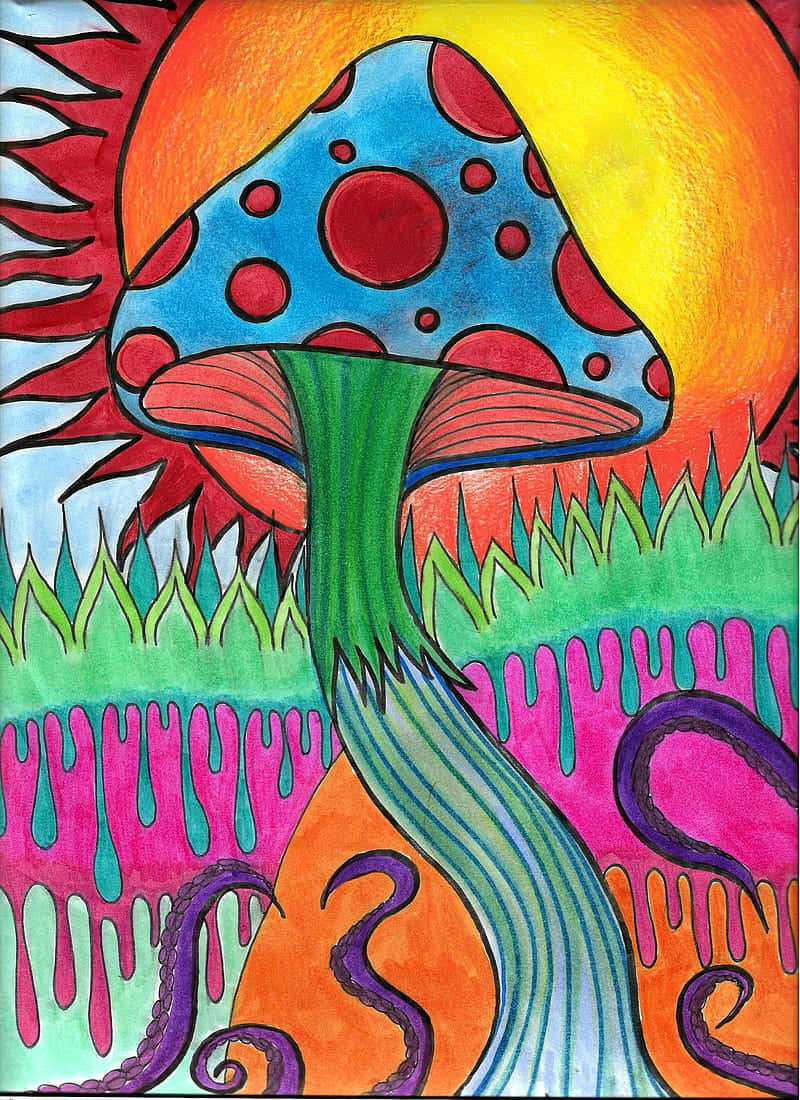 Trippy Mushroom 桌布 壁紙 — 一朵充滿活力的風格化蘑菇，帶有紅色斑點和綠色莖，從迷幻的景觀中升起，在熾熱的太陽下。