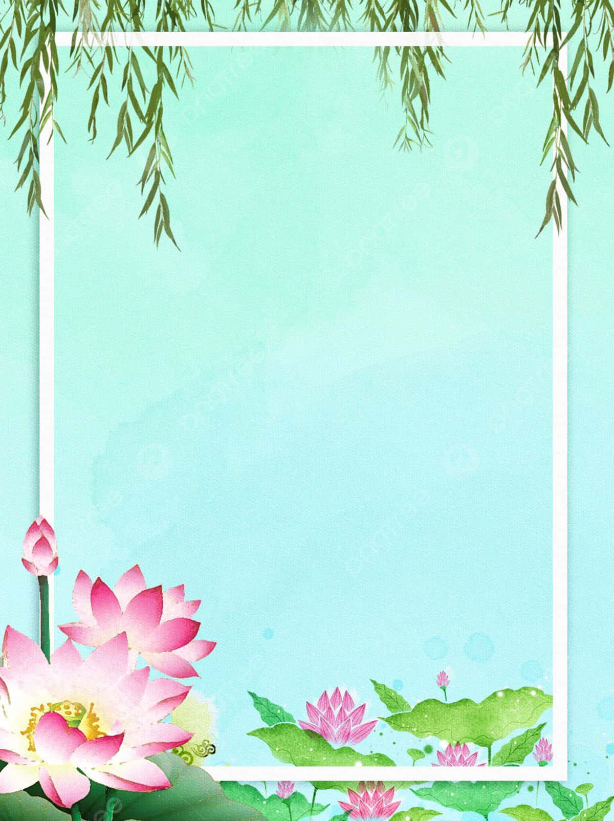 一朵在寧靜湖畔盛開的美麗而鮮豔的蓮花 壁紙 — 一個寧靜的水彩畫框，帶有粉紅色蓮花和綠色柳枝，背景為柔和青綠色。