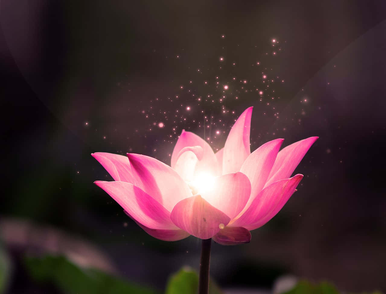 一朵在寧靜藍天下的盛開蓮花 壁紙 — 一朵散發光芒的粉紅蓮花在黑暗模糊的背景中綻放，帶有閃爍的光點和粒子。