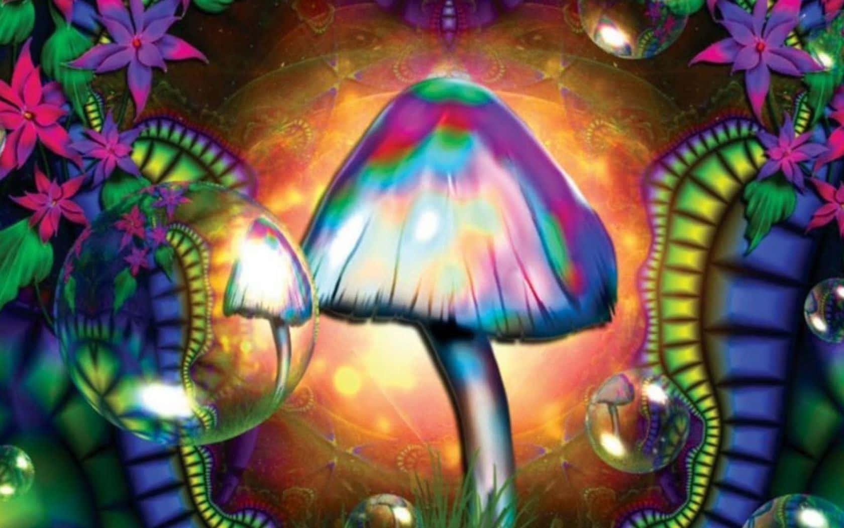 迷幻 桌布 壁紙 — 一朵帶有彩虹色傘蓋的迷幻蘑菇，在超現實的花朵和漂浮球體中發光，構成充滿活力的奇幻場景。
