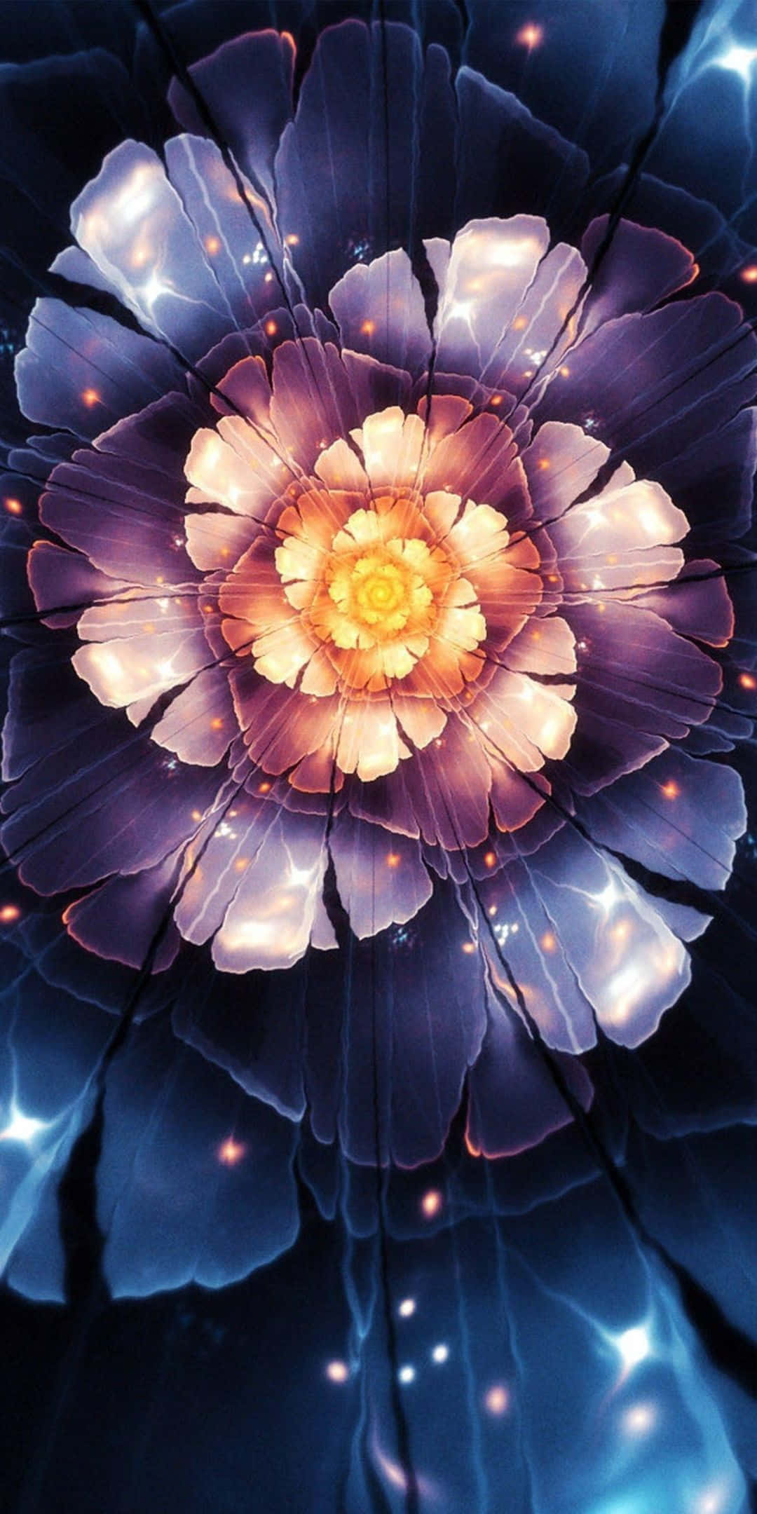 3d Flower 桌布 壁紙 — 一朵散發光芒的紫色花瓣金色核心花朵，在帶有閃爍粒子的深藍色宇宙背景中脈動。