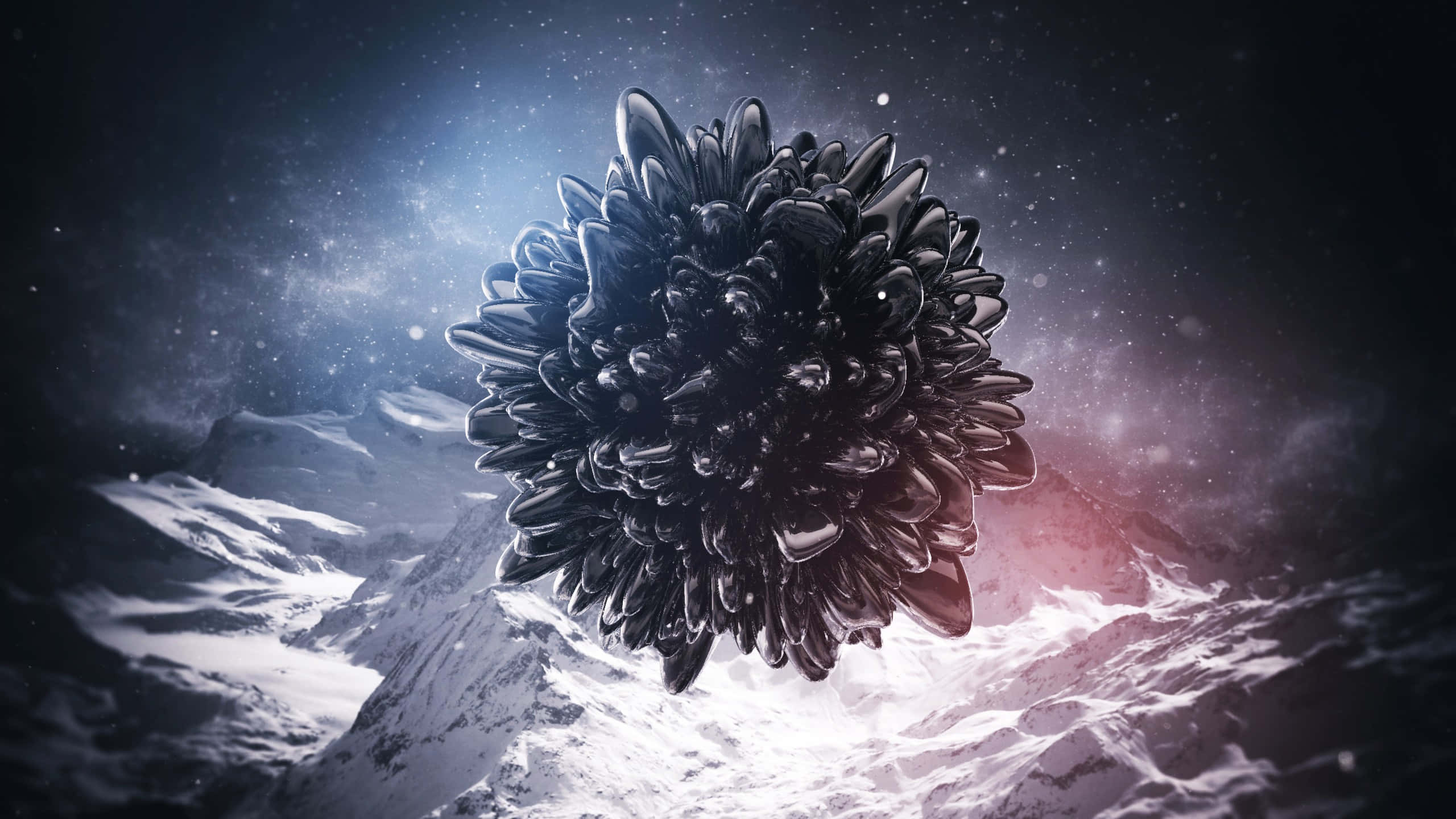 Dark Abstract Art 桌布 壁紙 — 一朵有光澤的黑菊花漂浮在雪山之上，星空宇宙天空下帶有粉紅色星雲光芒。