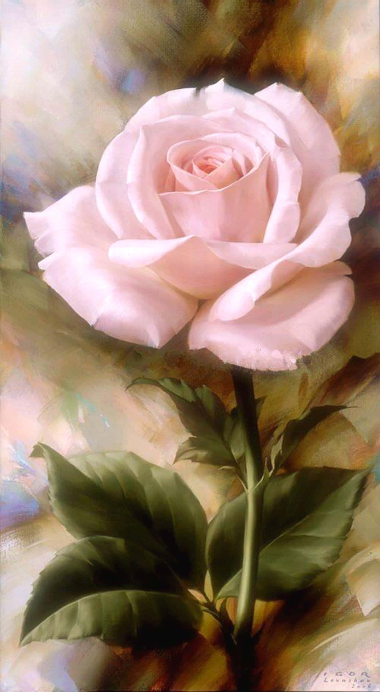 Rose Art 桌布 壁紙 — 一朵柔和的粉紅玫瑰，襯著茂盛的綠葉，在溫暖混合色調的夢幻抽象背景中盛開。