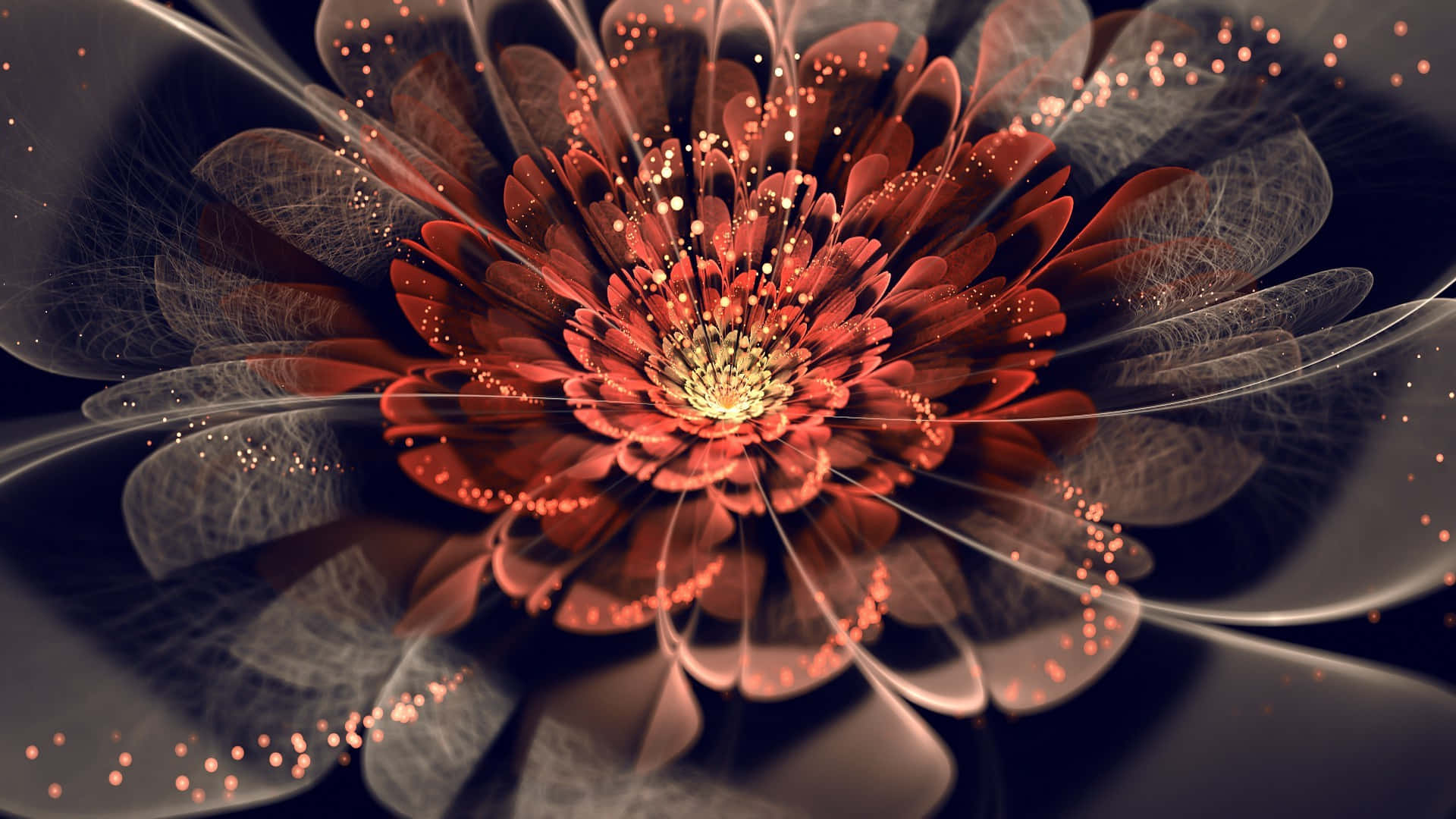 Digital Art 桌布 壁紙 — 一朵燦爛的紅色分形花朵在黑暗背景中綻放，帶有發光的粒子。
