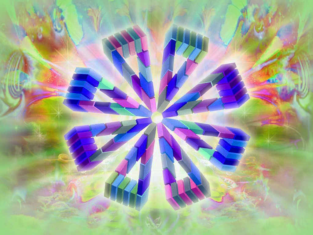 Kinetic Art 桌布 壁紙 — 一朵由彩色3D方塊組成的閃亮幾何花朵，在旋轉的迷幻背景上跳動。