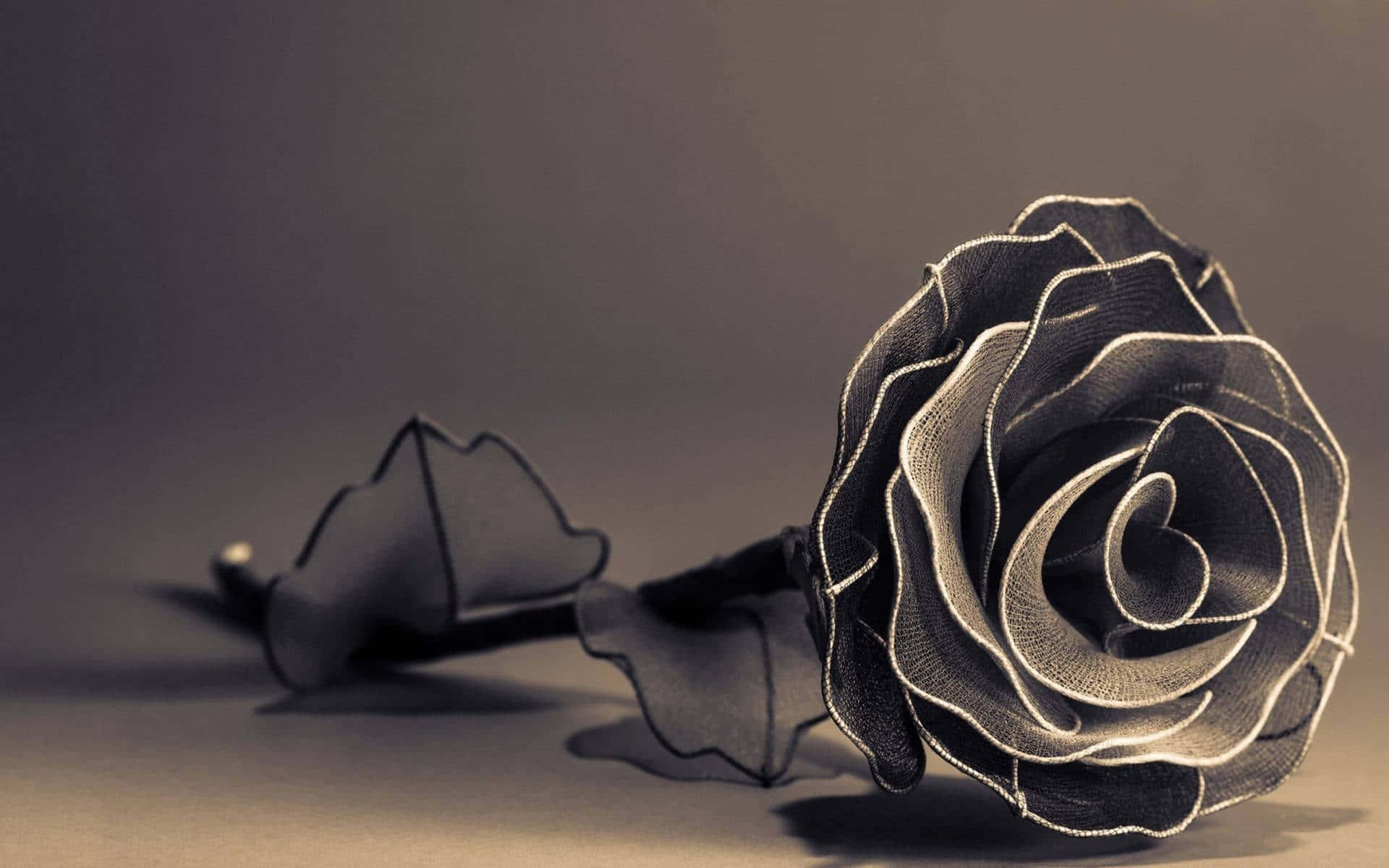 Aesthetic Rose 桌布 壁紙 — 一朵由薄紗製成、邊緣飾有銀線的精緻黑玫瑰，靜置在柔和的灰色表面上。